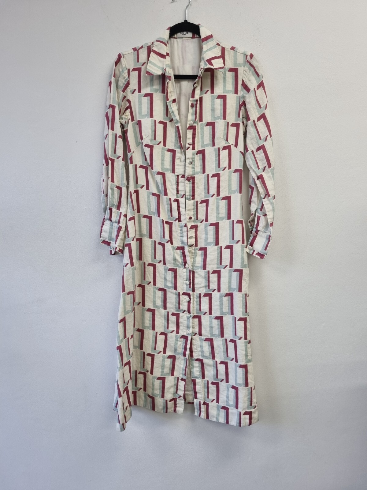 LEO LIN Linen Retro Print Shirt Midi Dress Wprkwear Size 8 AU Preloved