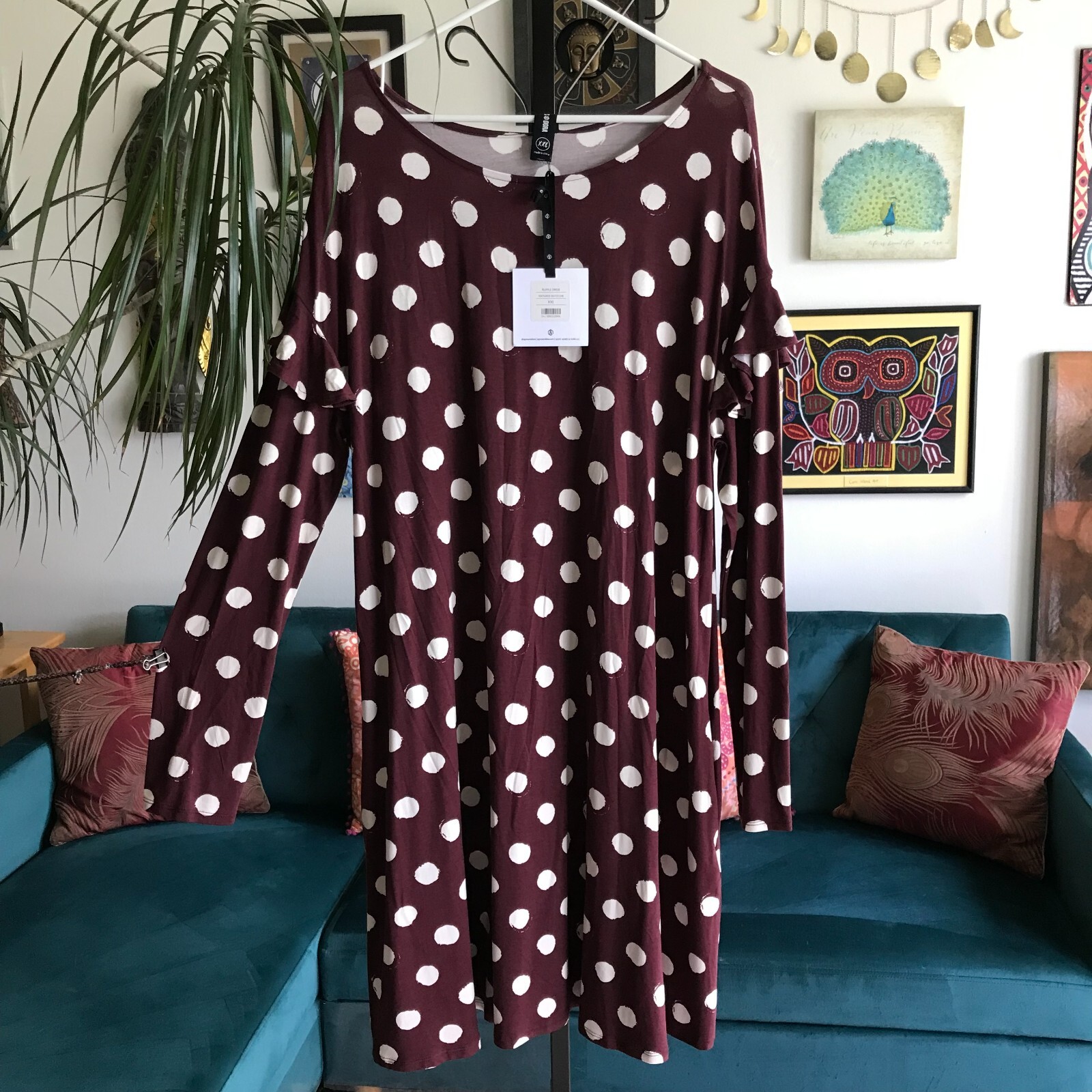 AGNES & DORA size XXL Burgundy Stretch Jersey Textured Dot Ruffle Dress NWT