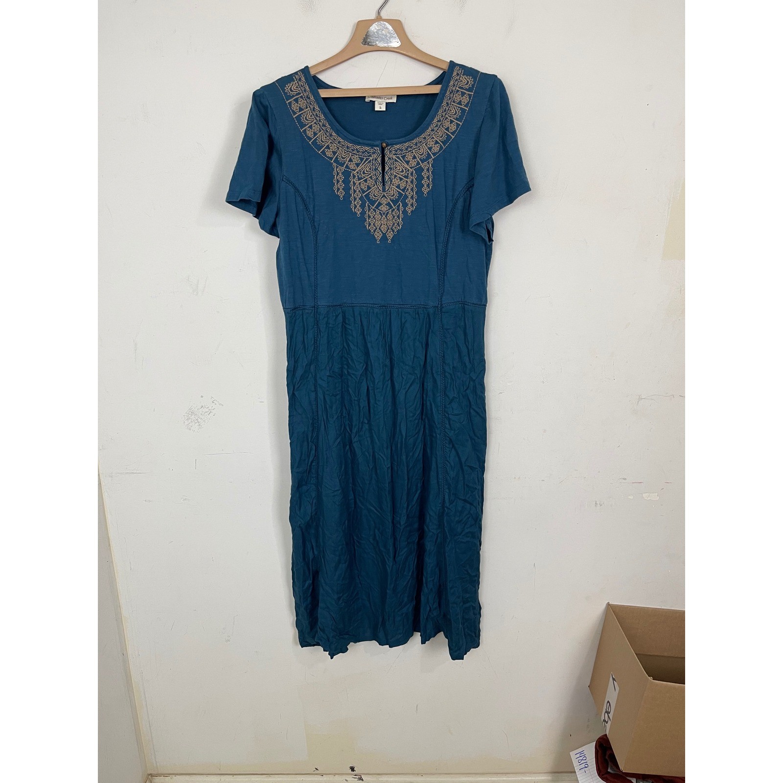 Coldwater Creek Teal Blue Embroidered Boho Midi Dress Knit Woven L 14