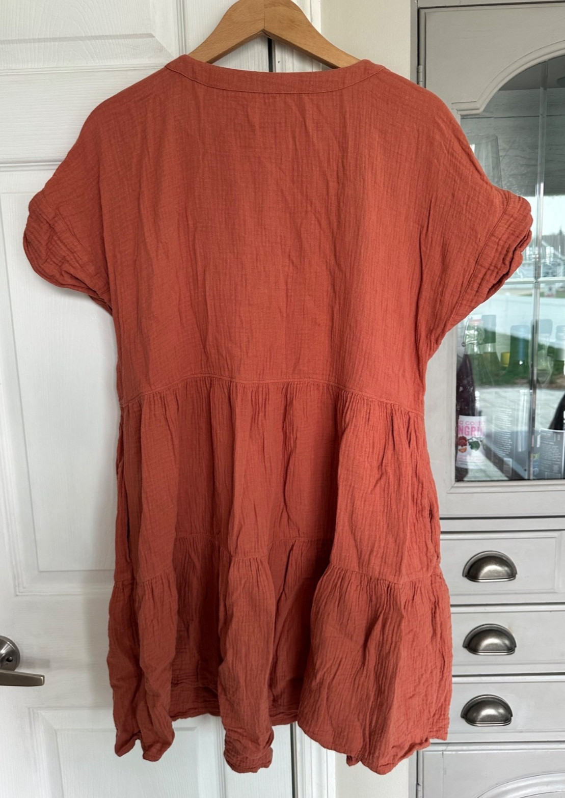 Madewell LG Orange Lightspun Cuff-Sleeve Button-Front Tiered Gauzy Mini Dress