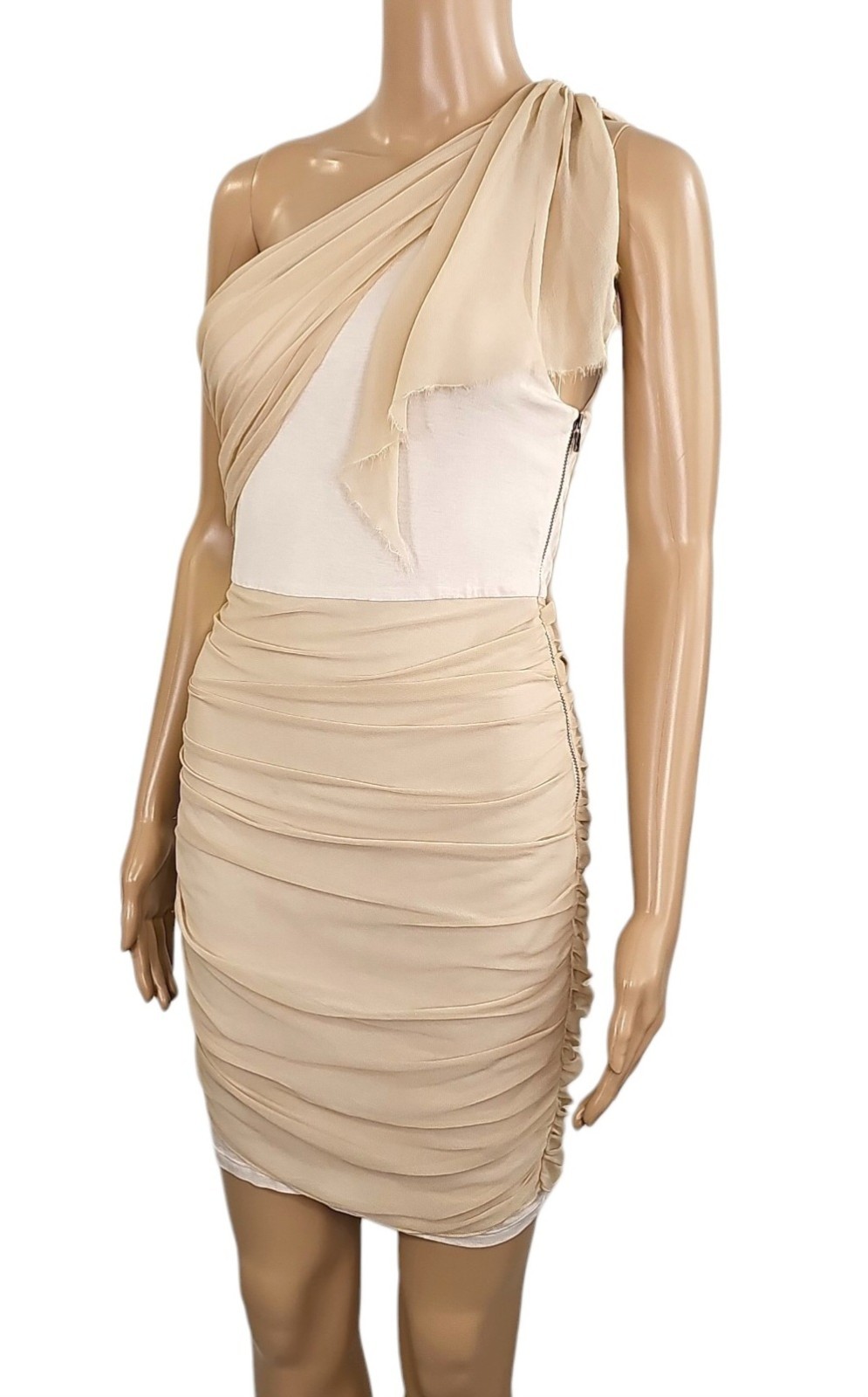 ALICE + OLIVIA Ivory Beige One Shoulder Asymmetric Jersey Silk Mini Dress XS