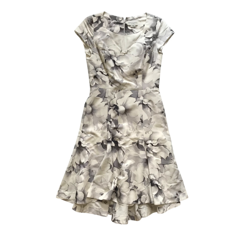 Charlotte Brody A-Line Sheath Dress Womens 4 Gray White Floral Fit & Flare Silk