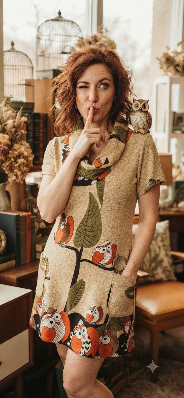 Purplish London Fun Owl Print Dress Pockets Sz S Cartoon Cowl Neck Short Sleeve