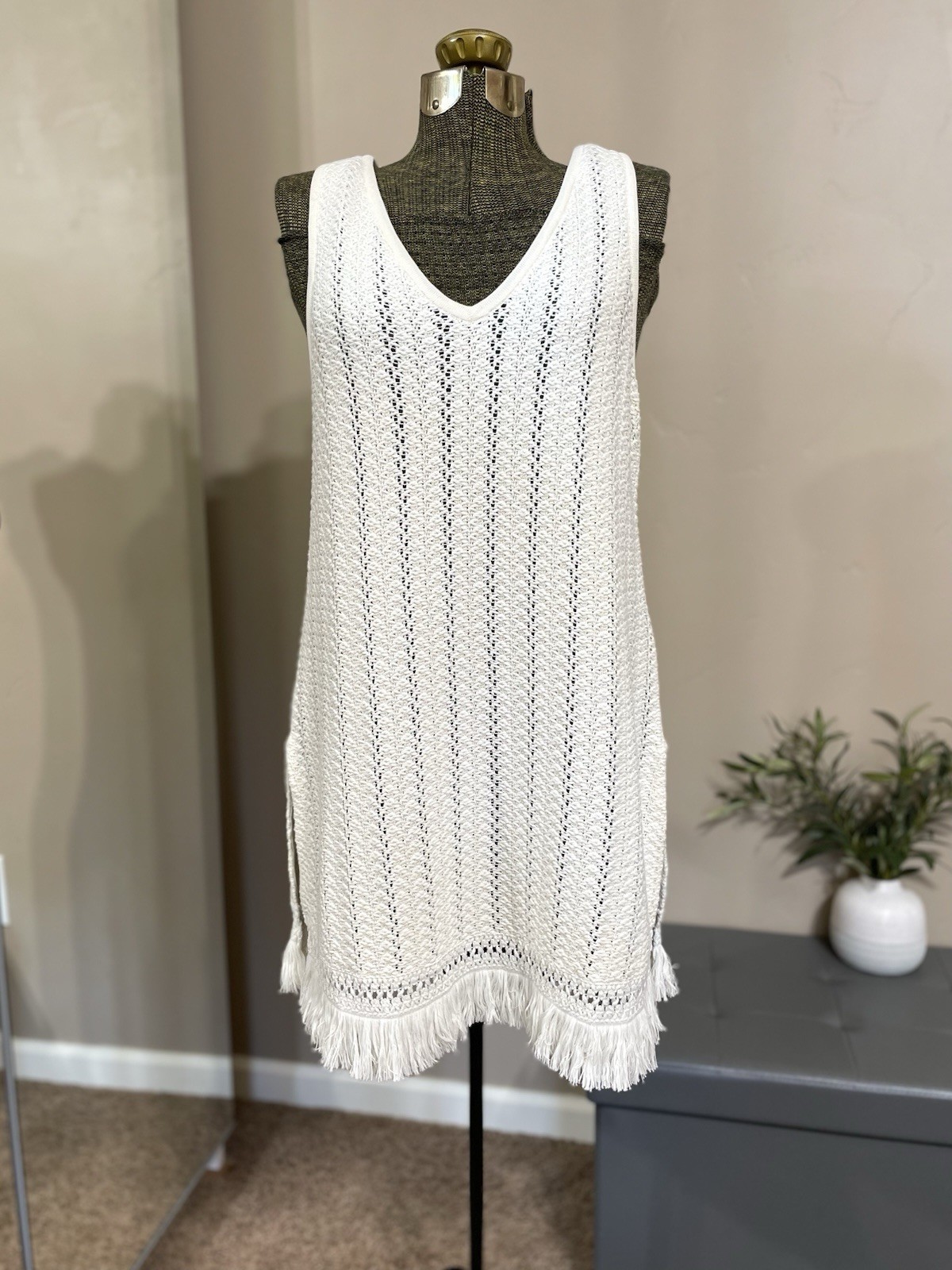 Anthropologie Open Knit Crochet Mini Dress Cream Size S Tunic Tank Boho Cover Up