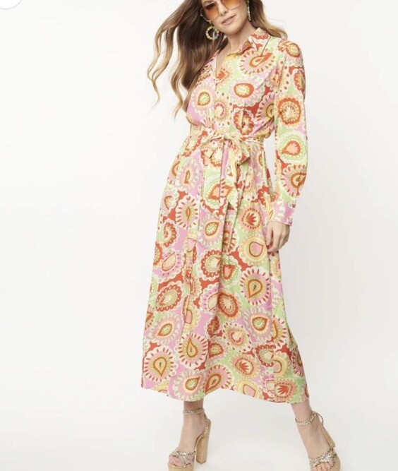 NEW Unique Vintage Pink Ripple Midi Shirt Dress L Shirtdress 70s Disco Retro