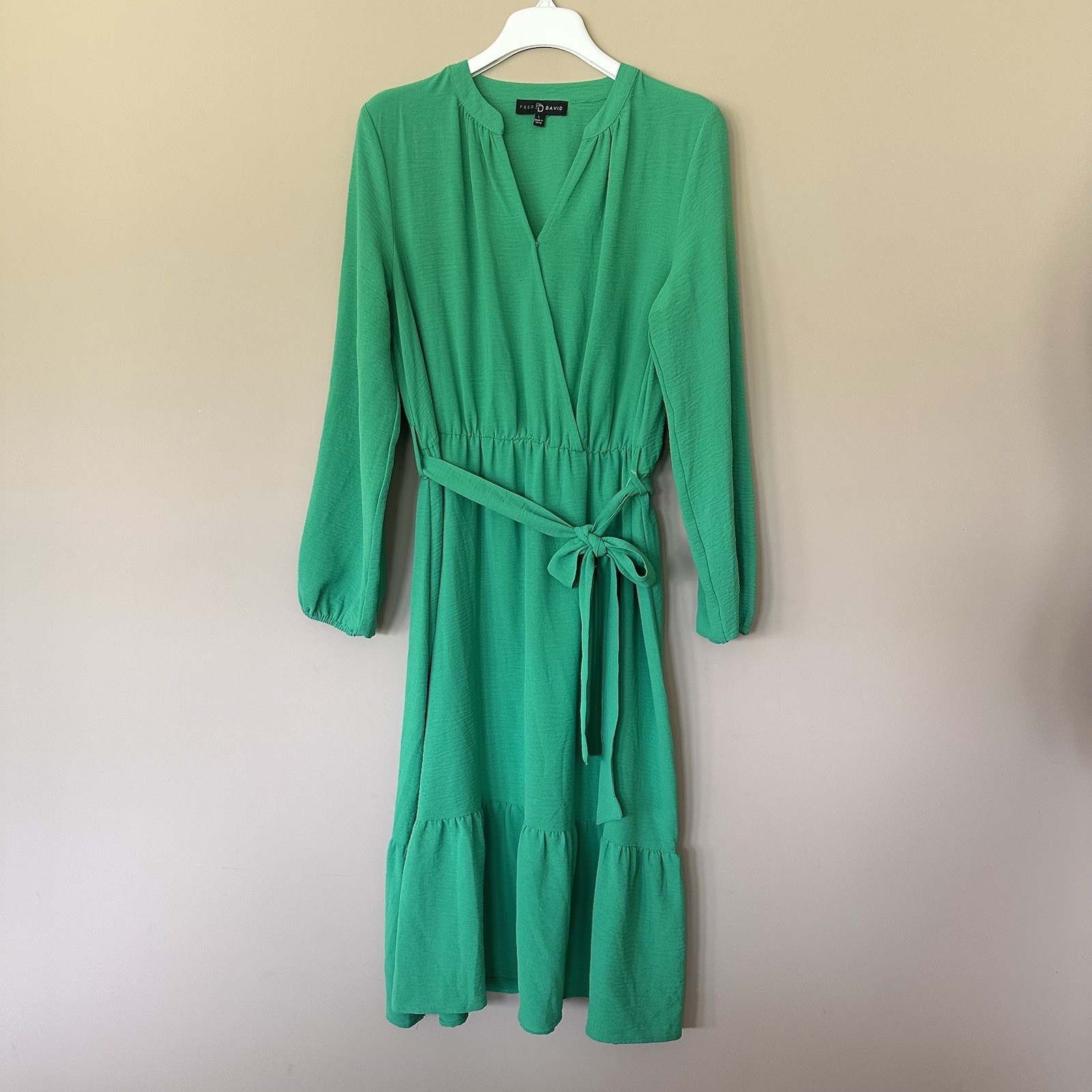 Fred David L Kelly Green Tiered Midi Dress Faux Wrap Belted Modest Office Church