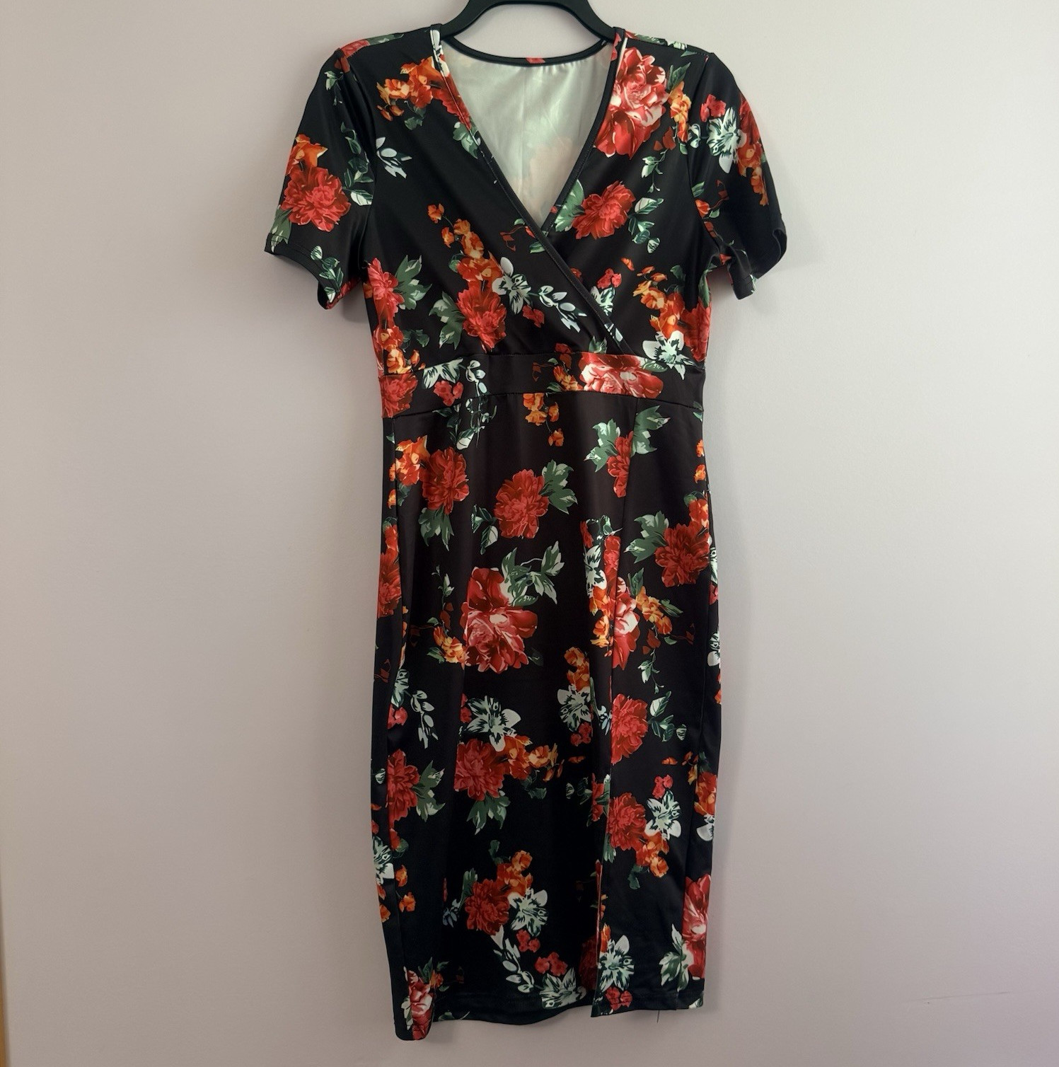 Women Black Red Green Floral Wrap V-Neck Short Sleeve Midi Dress M Stretch