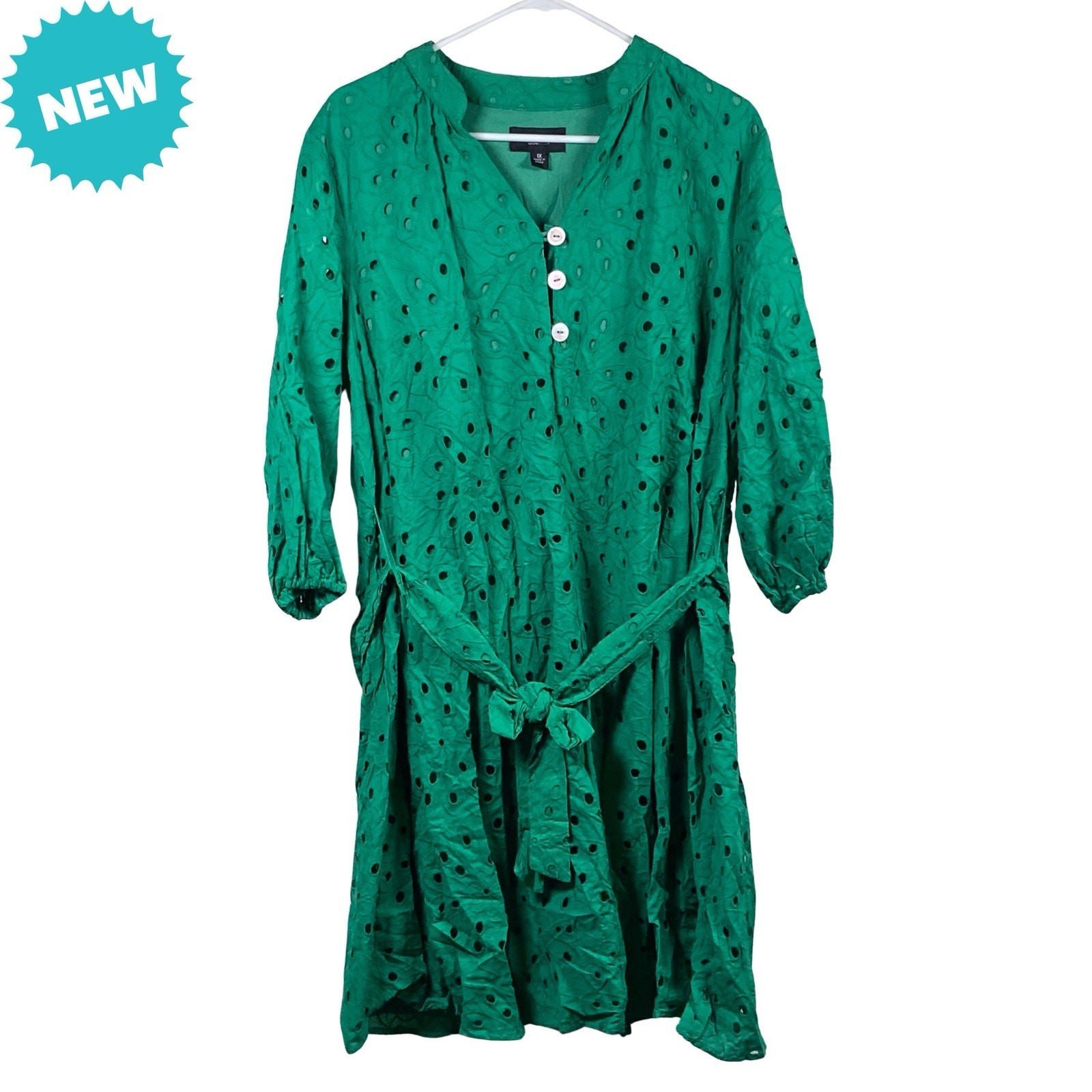 RN Studio Ronni Nicole Eyelet Dress Women’s Size 1X Green 3/4 Sleeve Lined NEW