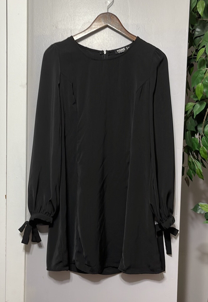 Yoins Women Black Long Sleeve Shift Mini Dress Tie Cuff Round Neck Size M 8/10