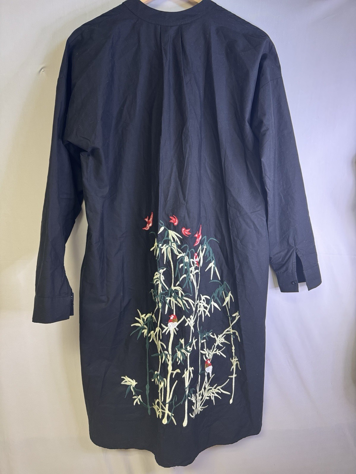 Black Embroidered Midi Shirt Dress Bird Lagenlook Boho Size 6