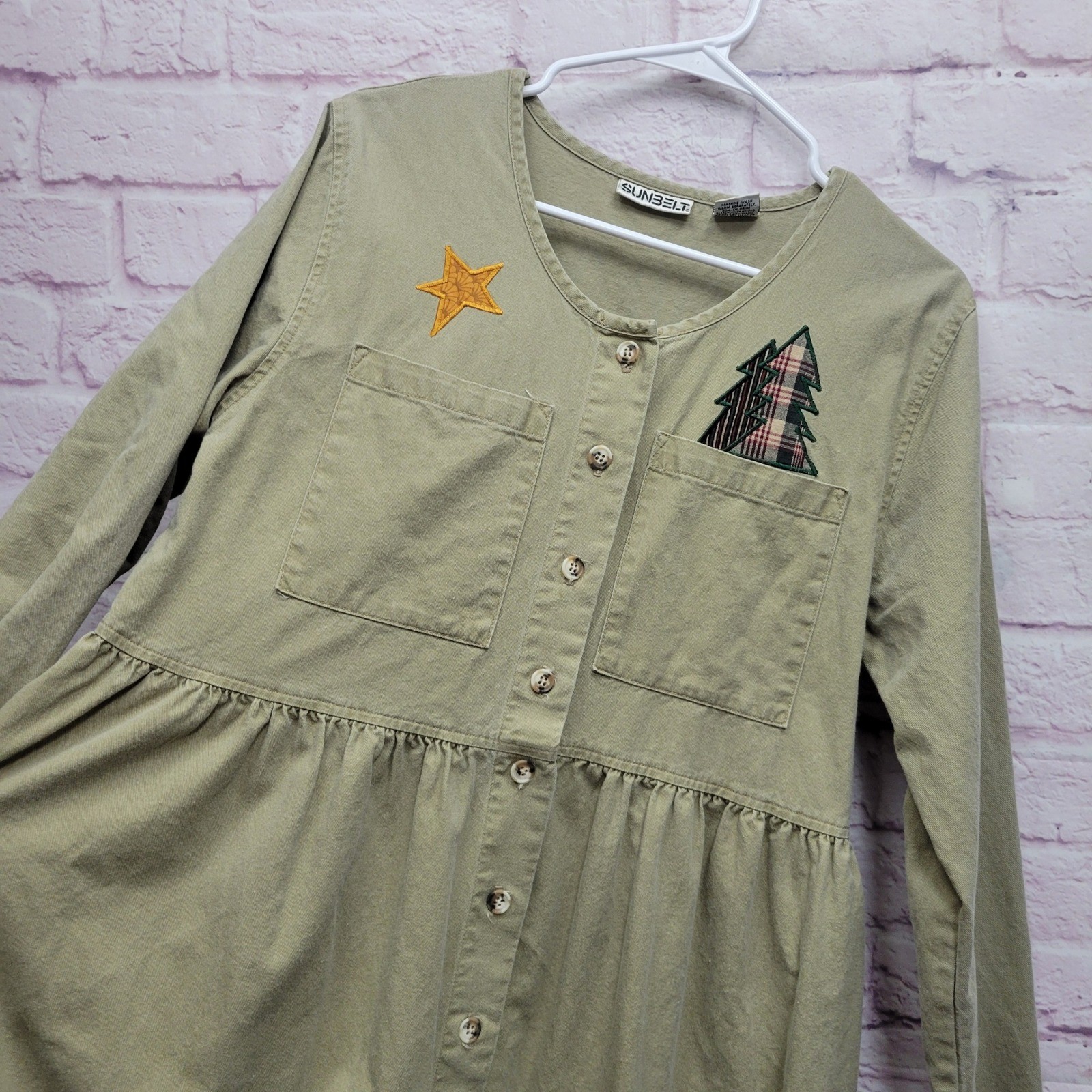 VTG Sunbelt Appliqué Button Front Maxi Dress Sz M Country Lagenlook Artisan Boho