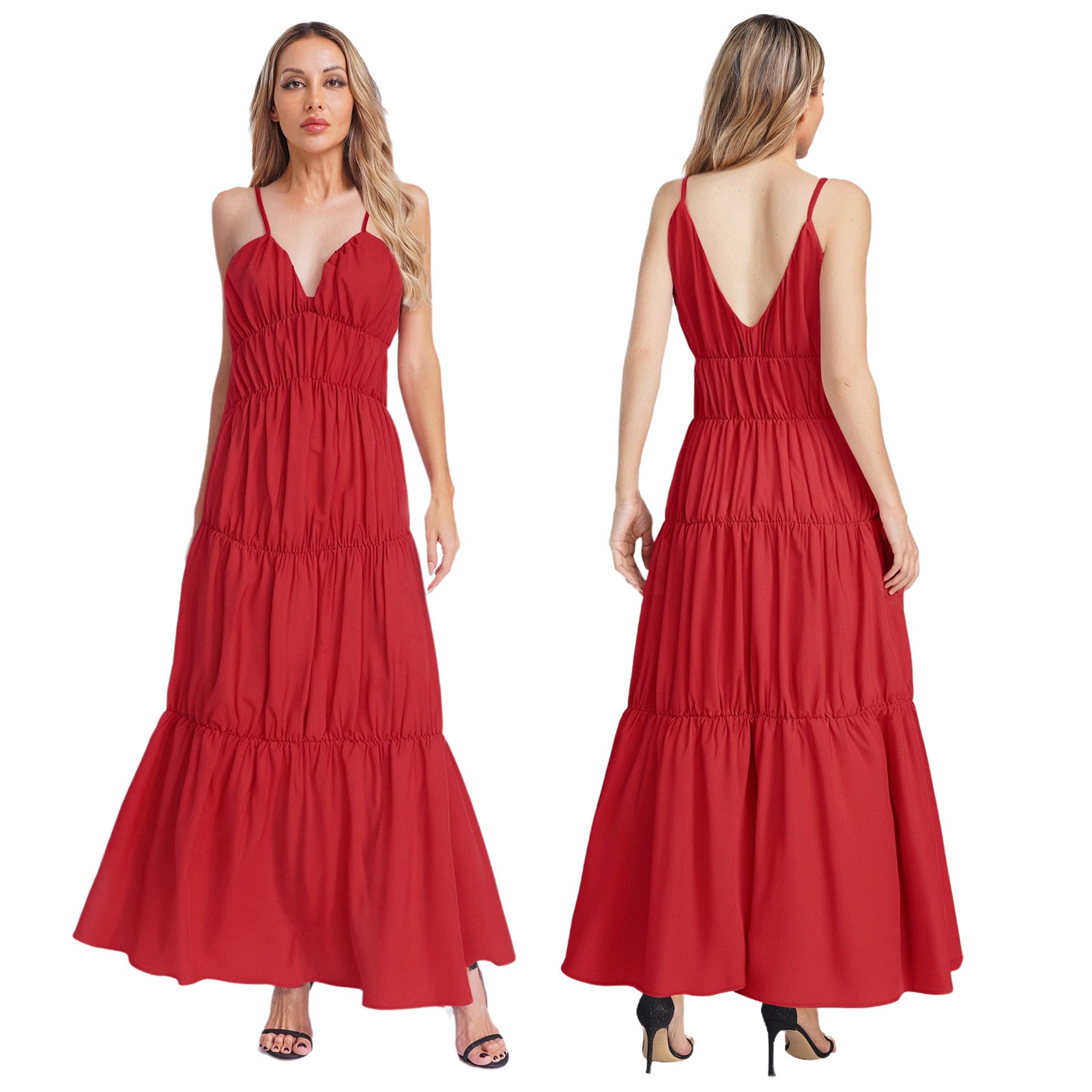 US Womens Tiered Ruched Sling Solid Color Sleeveless Camisole Long Maxi Dress
