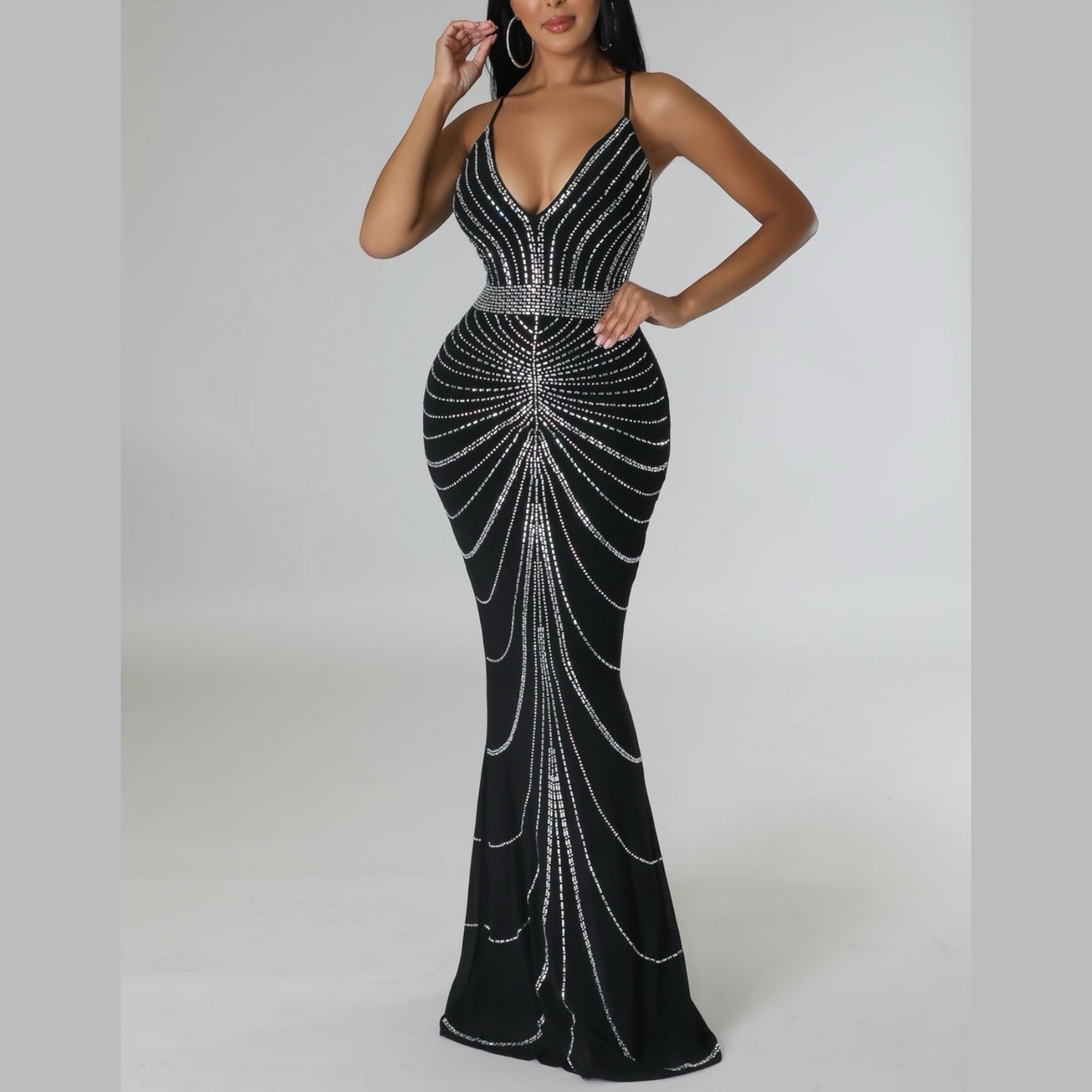 Dress Mermaid V-Neck Mesh-Inset Glitter-Print Gown Black Size M Stretch Straps
