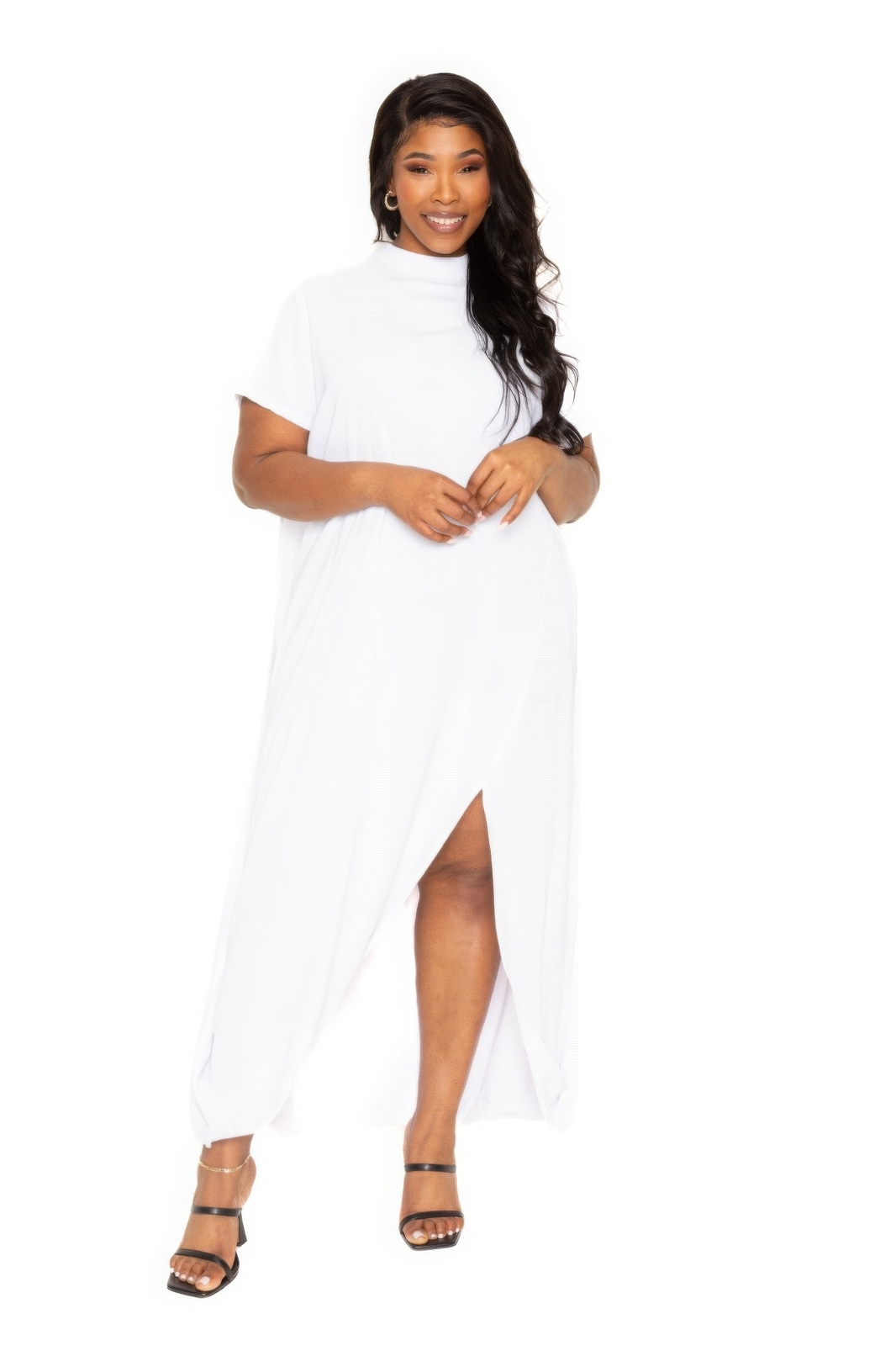Women’s Plus Mock Neck Back Cape Short Sleeve Slit Side Fit Clubwear Party Dress