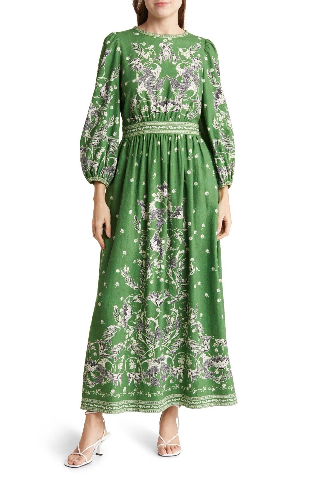 Women’s Green/White Floral Maxi Dress Round Neck 3/4 Balloon Sleeve S