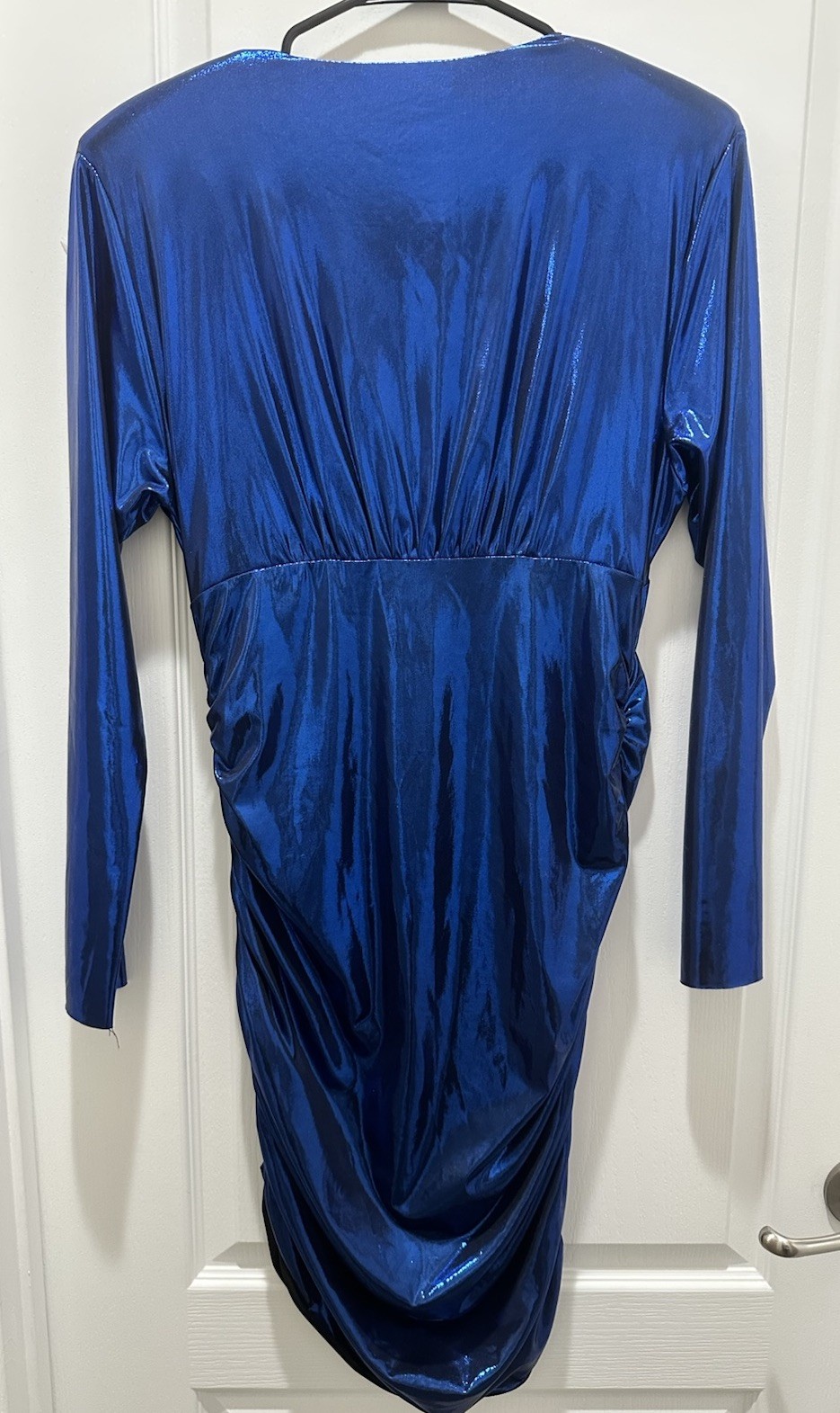 ZARA Draped Laminated Mini Dress Metallic Blue Ruched V Neck NWT Size L