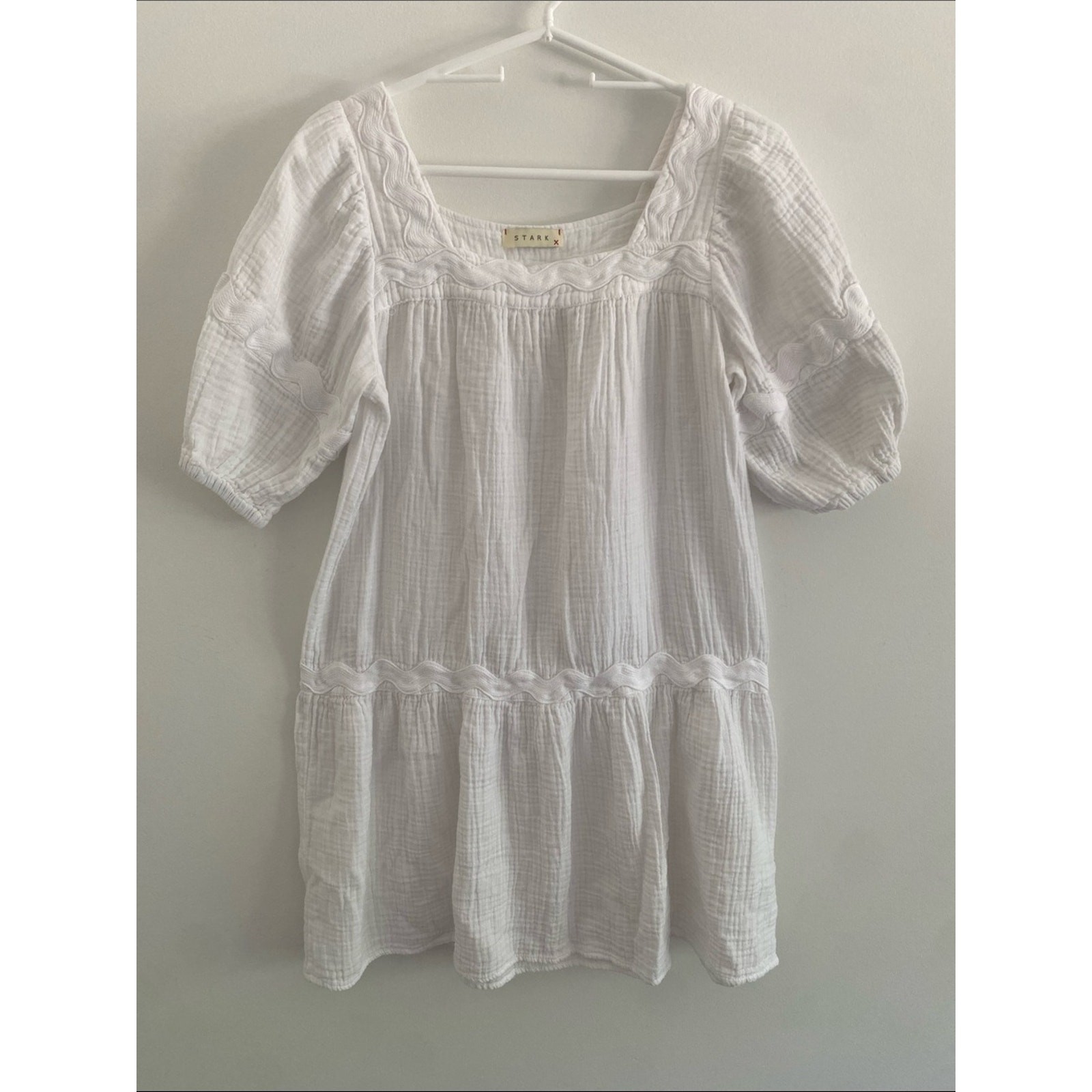 Stark X Square Neck Gauzy Cotton Puff Slv Dress White XS