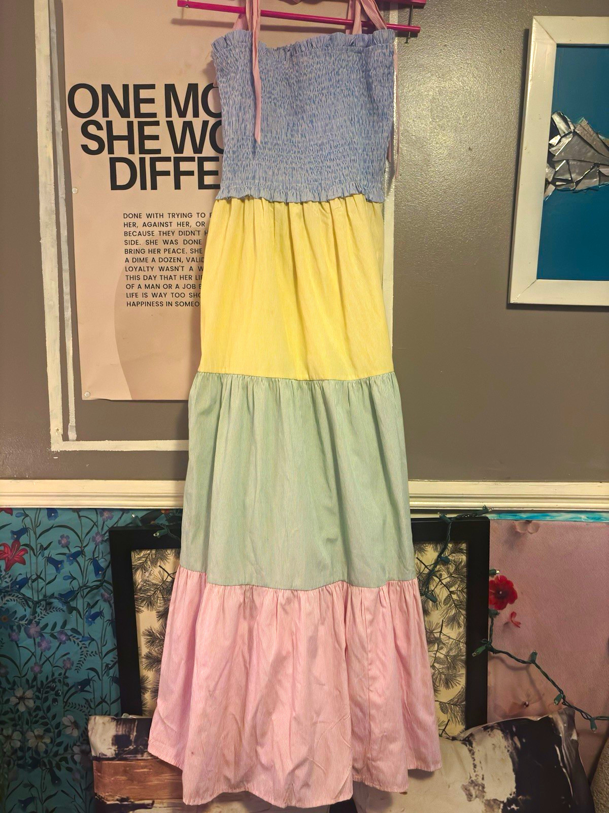 Colorblock Smocked Maxi Dress S Blue Yellow Green Pink Square Neck Tie Straps