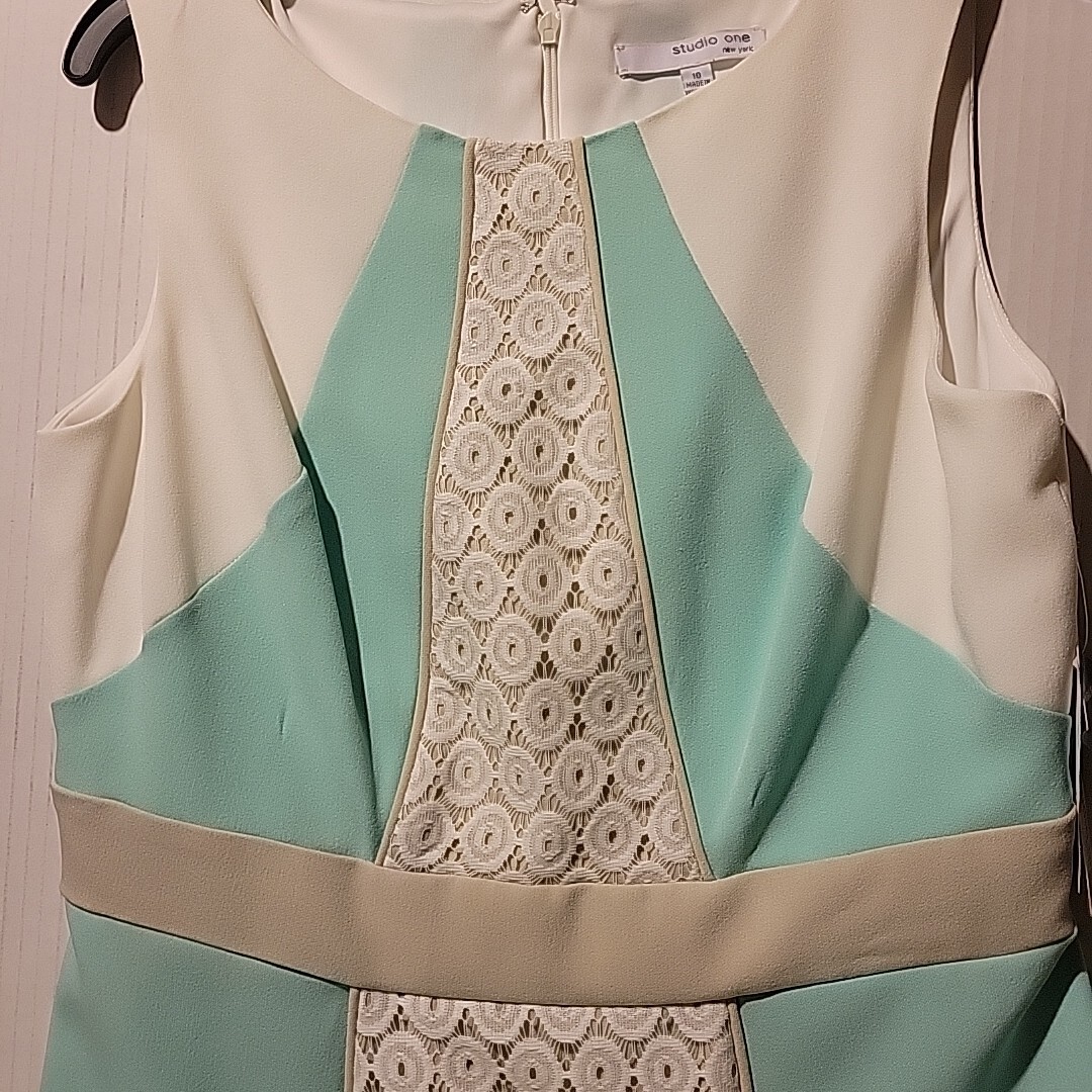Size 10 Dress Teal, Gray White Sleeveless A Line Lace Accent Studio One New York