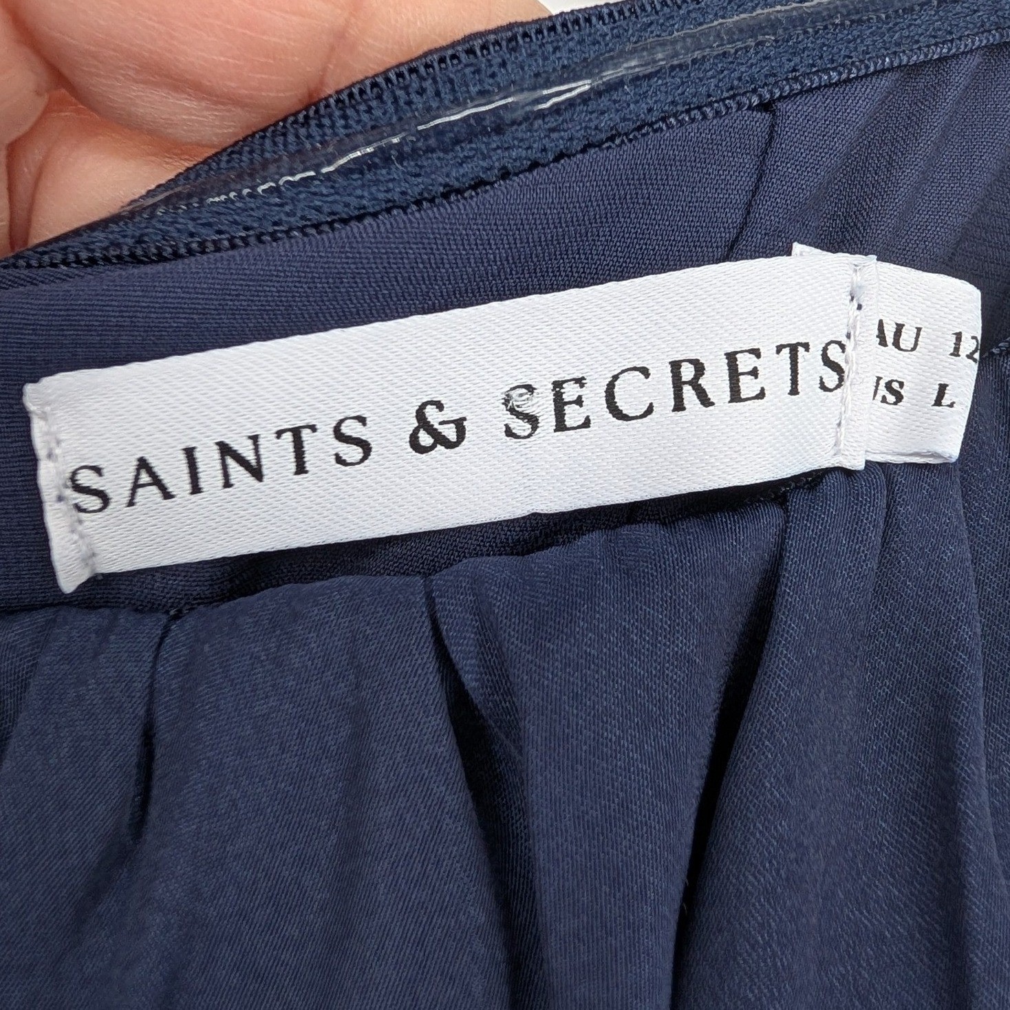 Saints & Secrets Satin Off Shoulder Midi Dress L Navy Blue Puff Sleeve Romantic