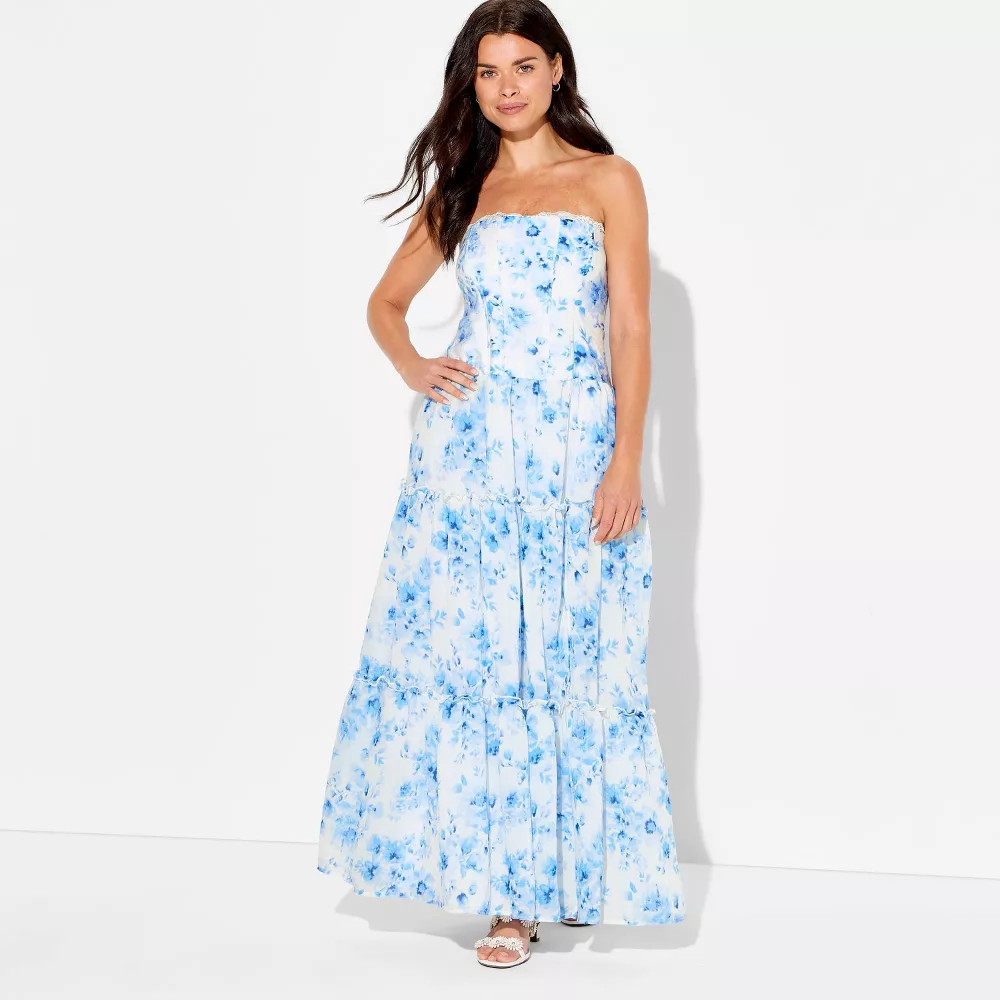 Women Strapless Tiered Corest Maxi Dress – Wild Fable White Floral XL