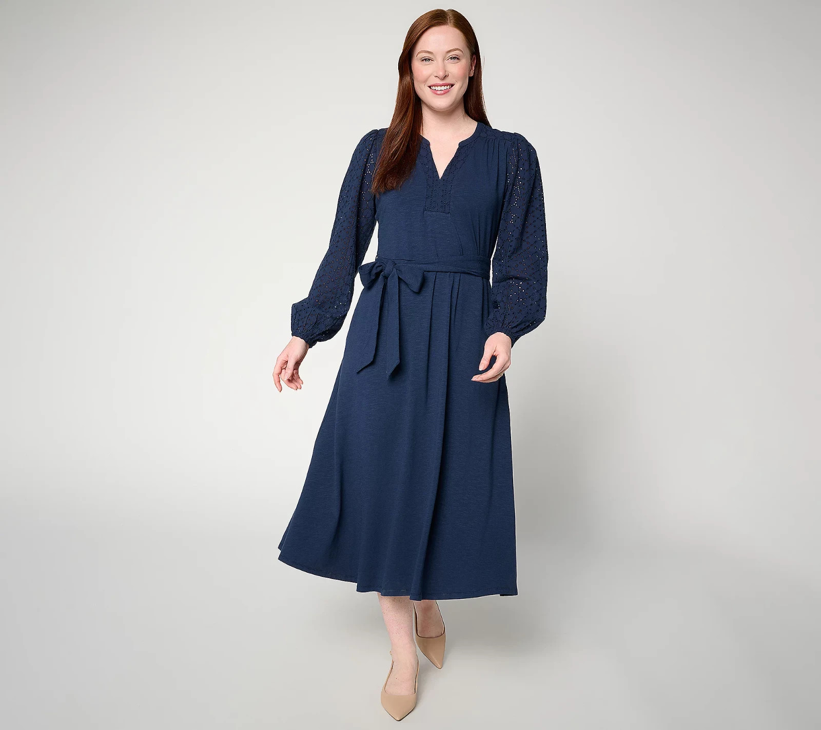 Ree by Pioneer Woman Eyelet Slub Jersey Midi Dress Navy Belt L
