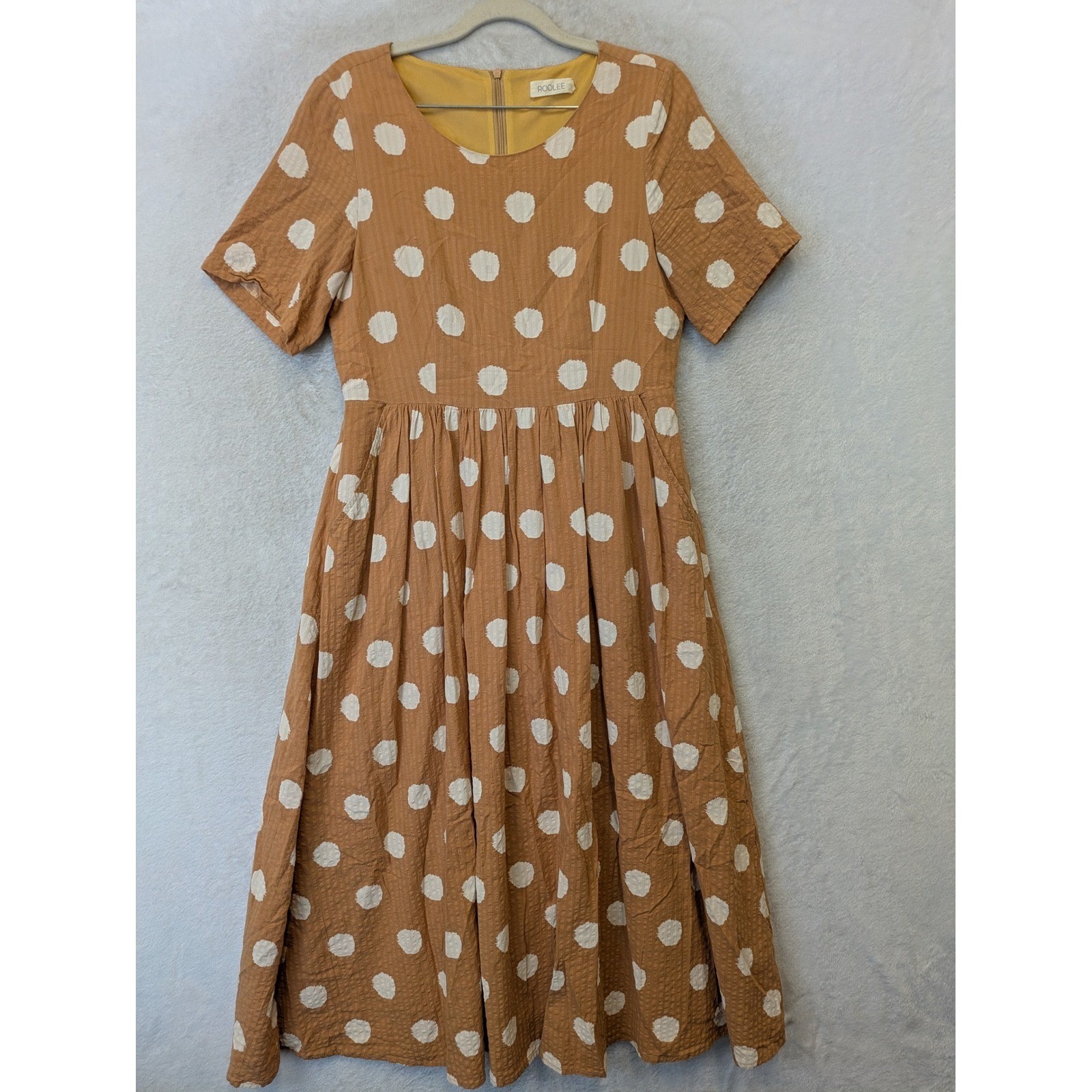 Roolee Midi Dress Women’s Small Brown Polka Dot Short Sleeve Textured