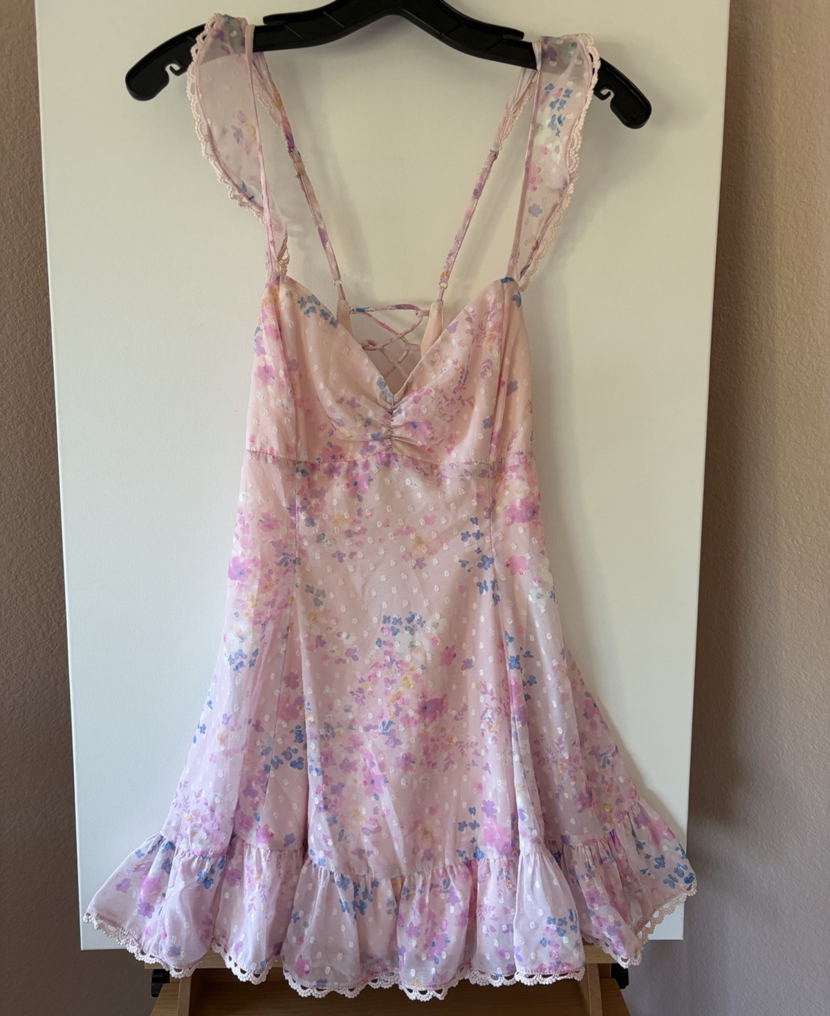 Lucy in the Sky Pink Floral Dotted Ruffle Dress Lace Up Back Mini M fits XS/S