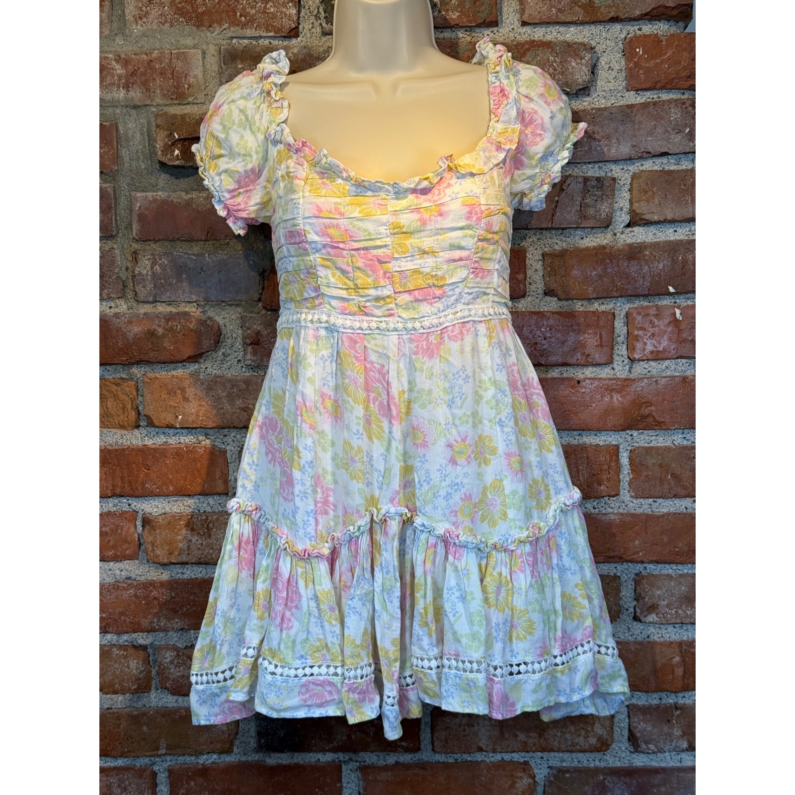 Altar’d State Floral Mini Dress XS Pastel Cottagecore Puff Sleeve