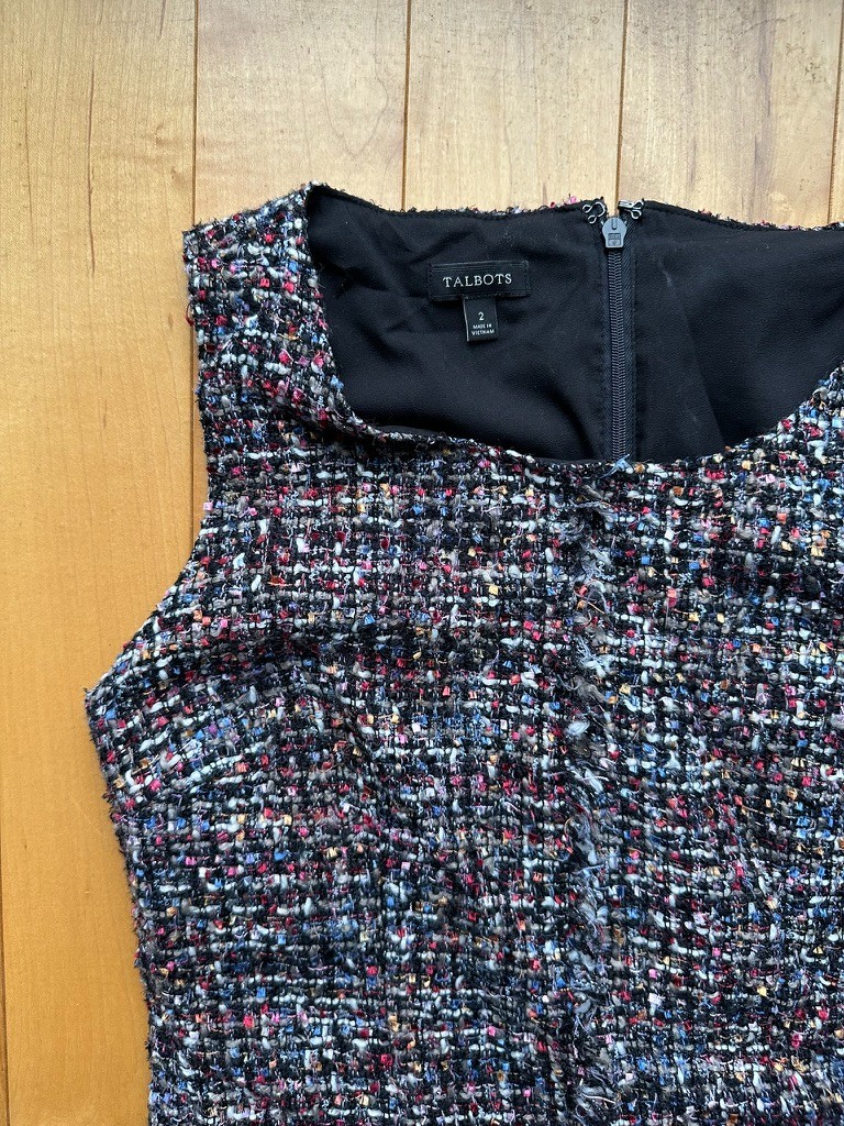 Talbots Womens Size 2 Multicolor Tweed Frayed Hem Sleeveless Sheath Dress VN1953