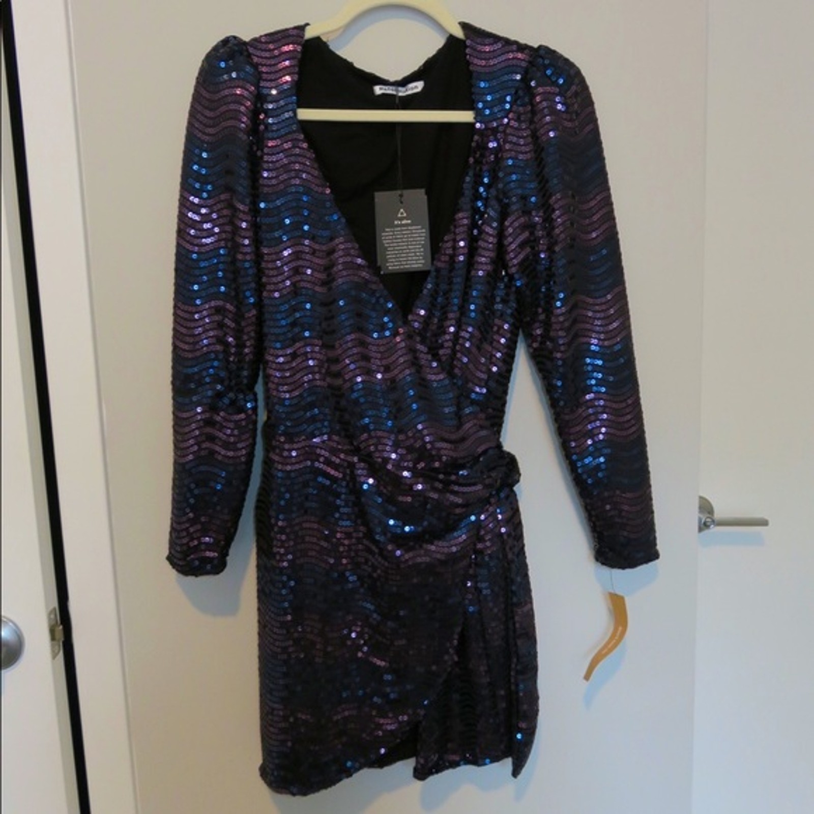 Reformation Dress Ivy Sequin Roxbury Long Sleeve Purple Blue Wrap Cocktail NWT