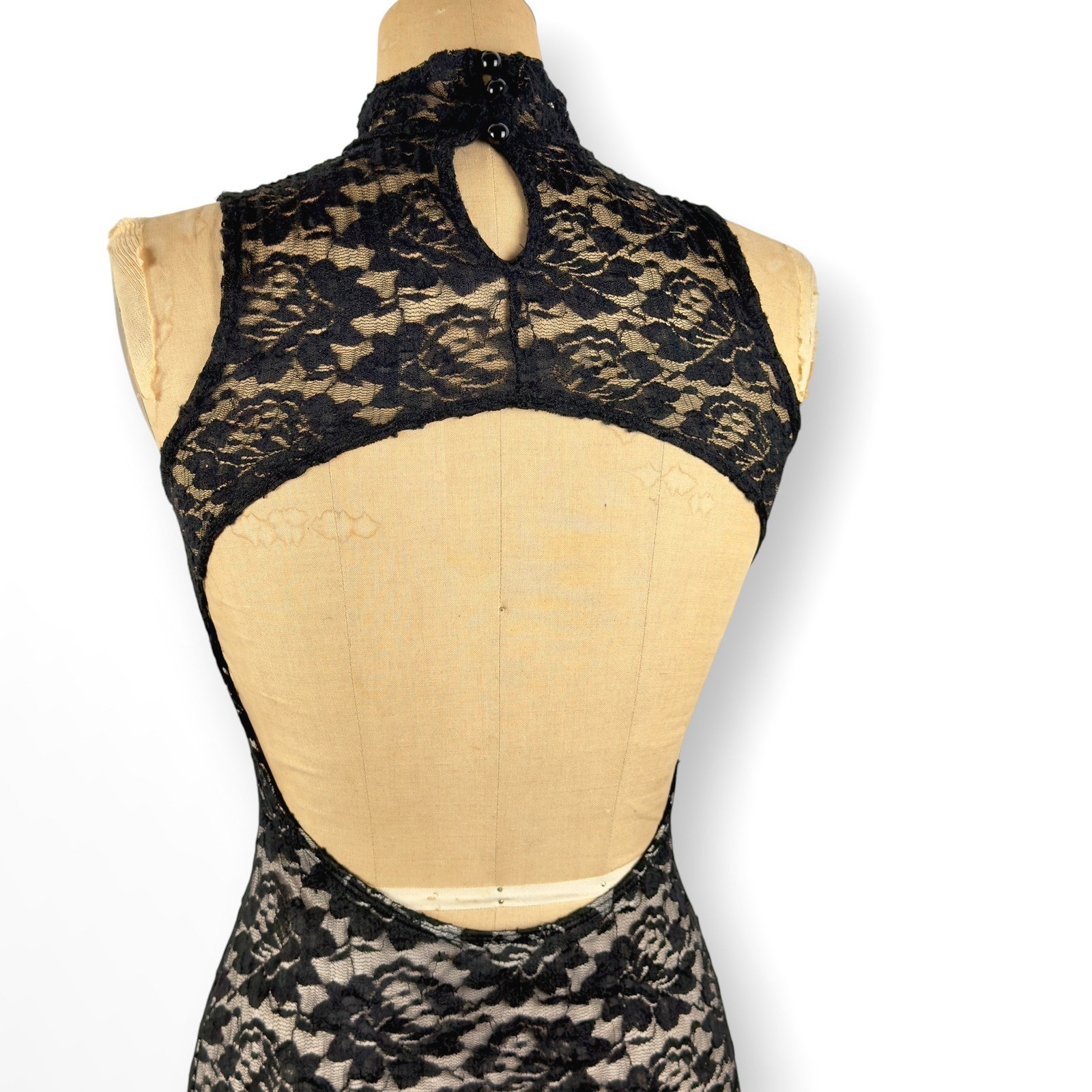 Y2K Wet Seal Black Lace Mock Neck Mini Dress Open Back Gothic Size XS S