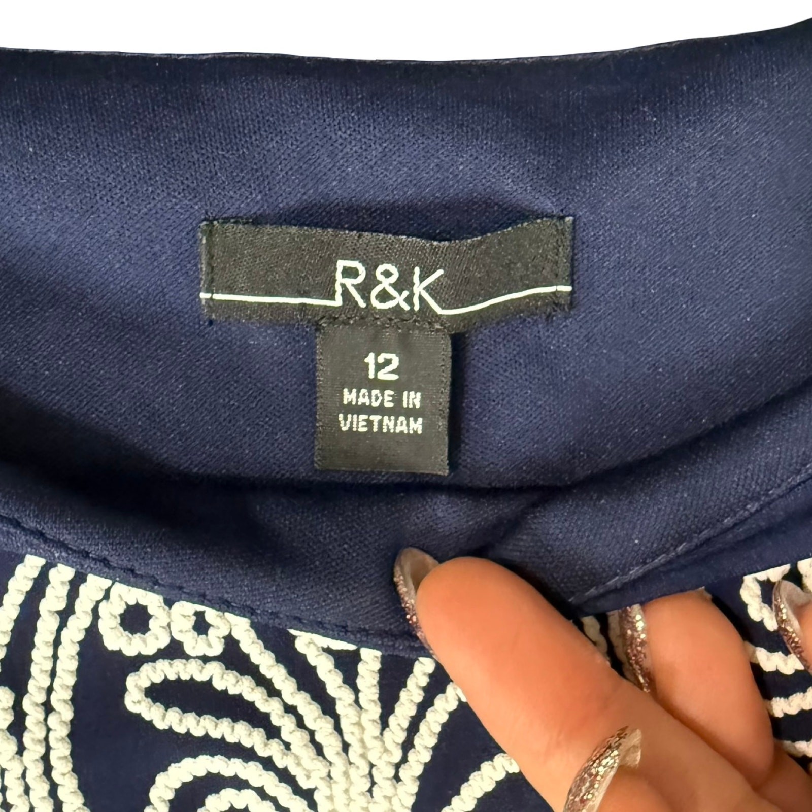 R&K Navy Blue White Lace Accents Shift Knee Length Dress Size 12 Professional