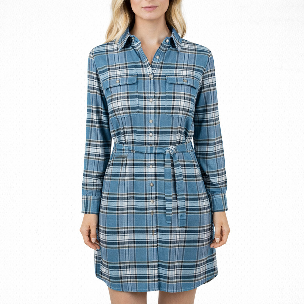 Peter Millar Blue Plaid Shirt Dress Flannel Belted Roll Tab Slvs Preppy Size S