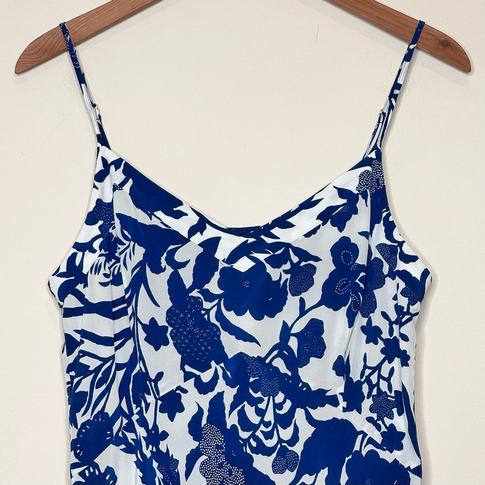 Figue Audra Silk Slip Dress Size Small Midi White Blue Floral Bird Print