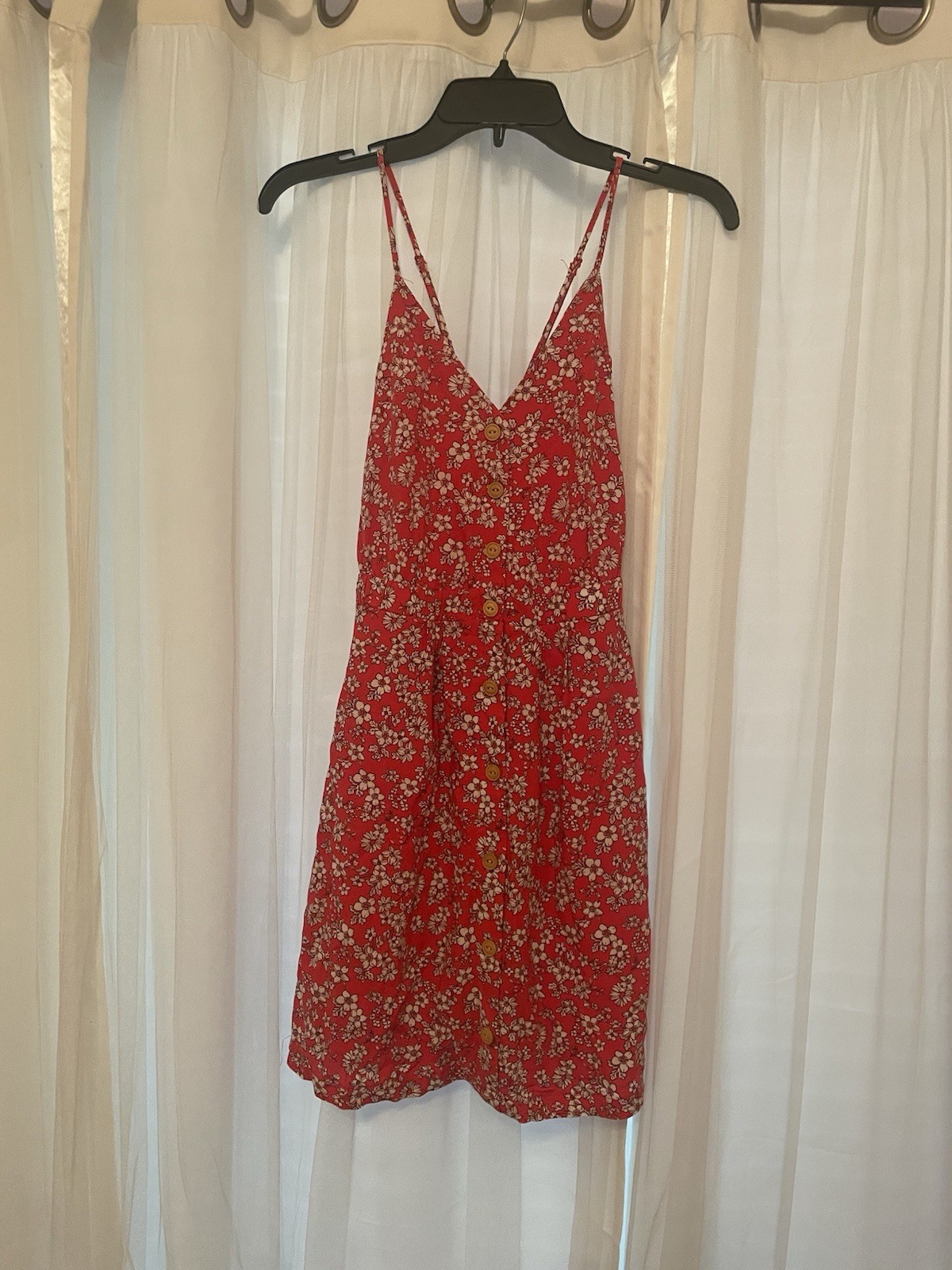 Red Floral Sundress Spaghetti Straps, Size Med Criss Cross Back & Zip Closure