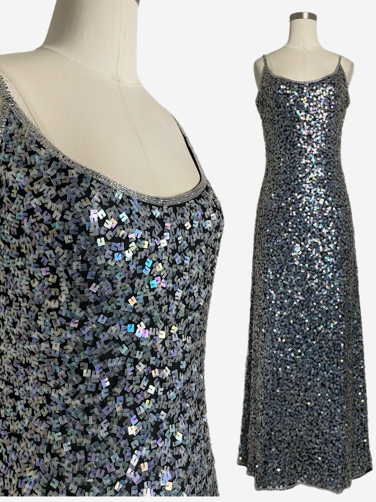 Vintage 90s Papell Boutique Black silver iridescent mosaic sequin silk gown S/M