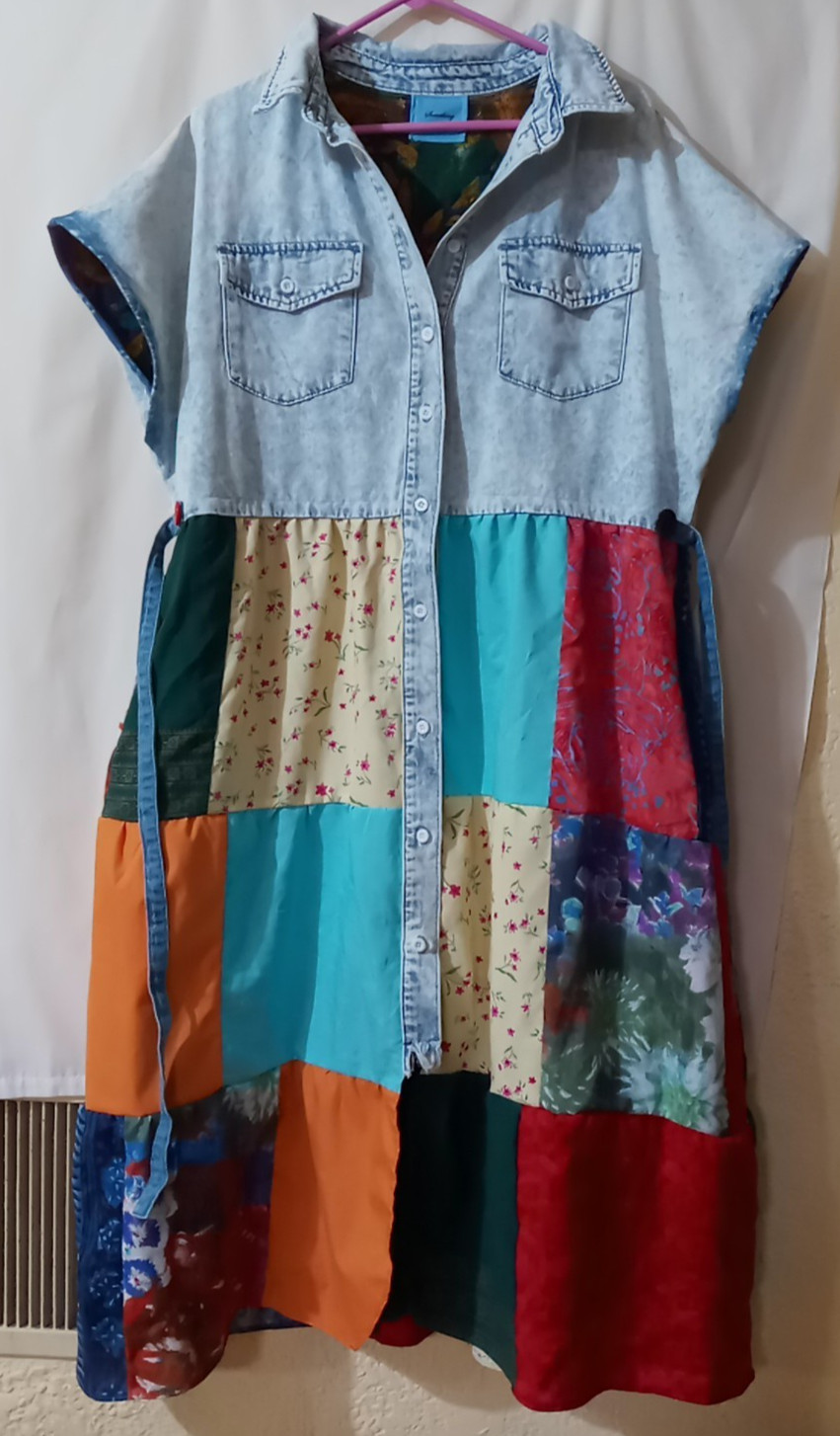 Rainbow Dragon upcycled dress patchwork OOAK 1XL- 2XL (chest 52″) cross-stitch