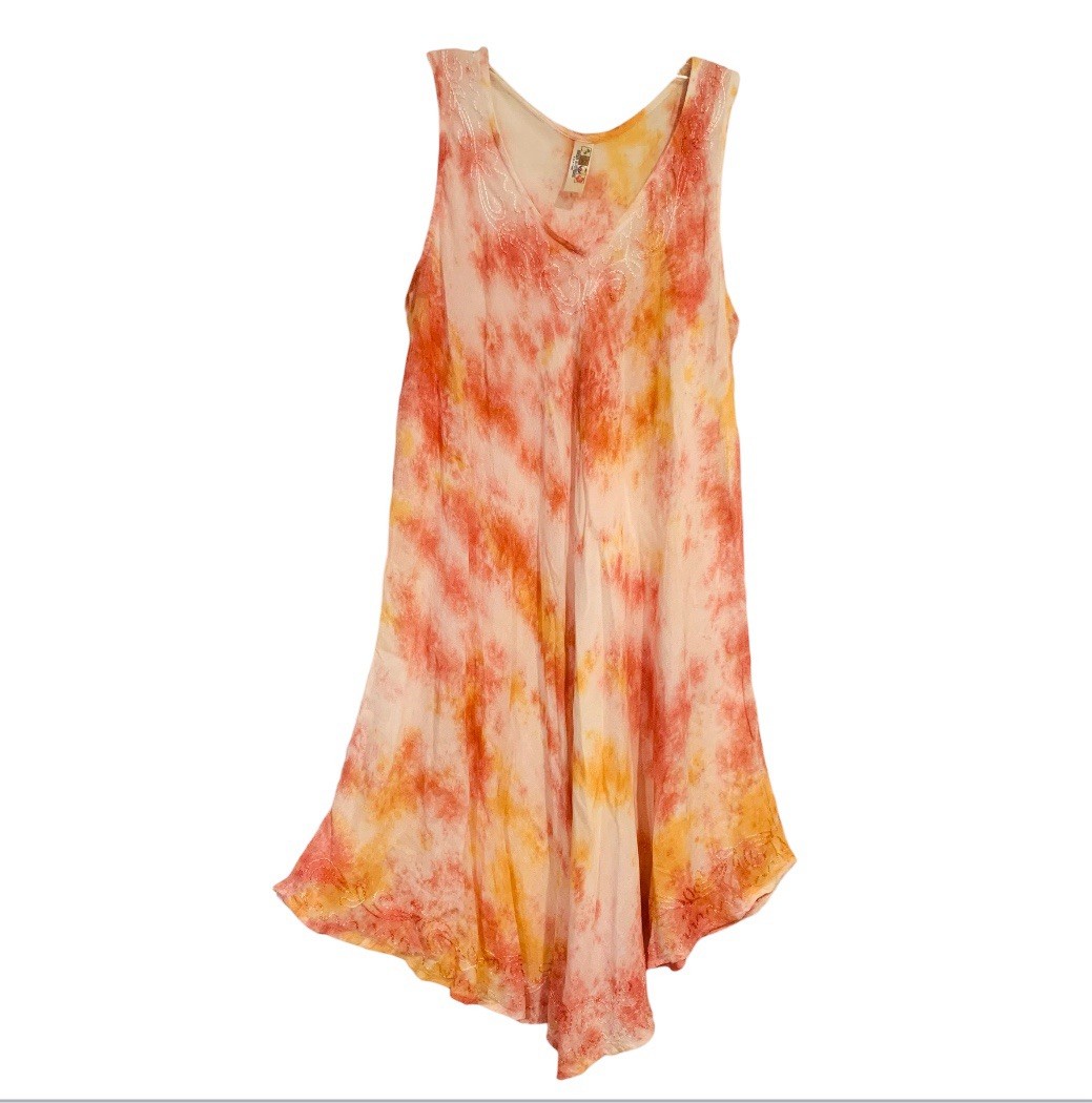 India Boutique Boho Tie Dye Embroidered Midi Dress Cover Up Sleeveless One Size