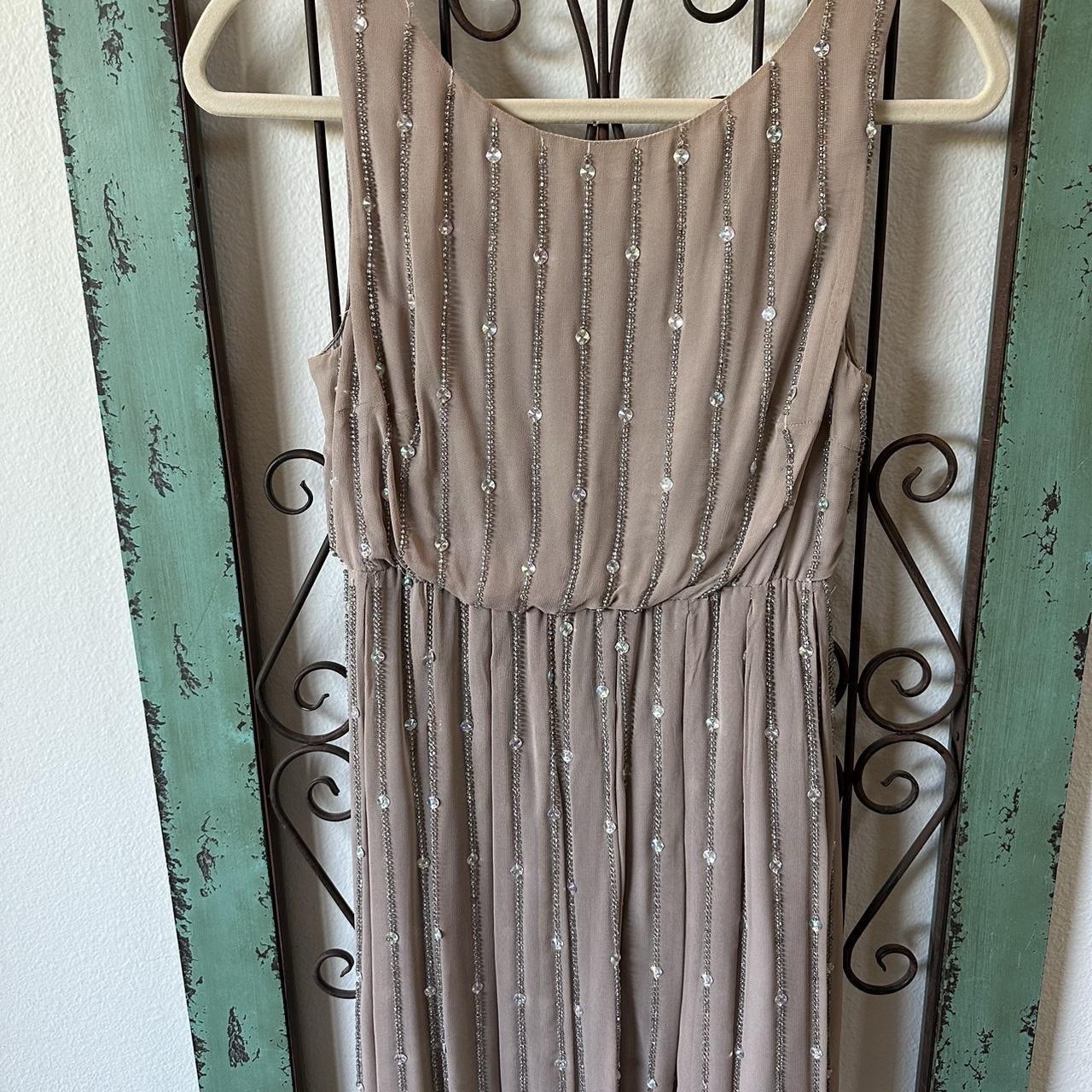Champagne Taupe Rhinestone Beaded Goddess Dress Open Back Pleated Forma