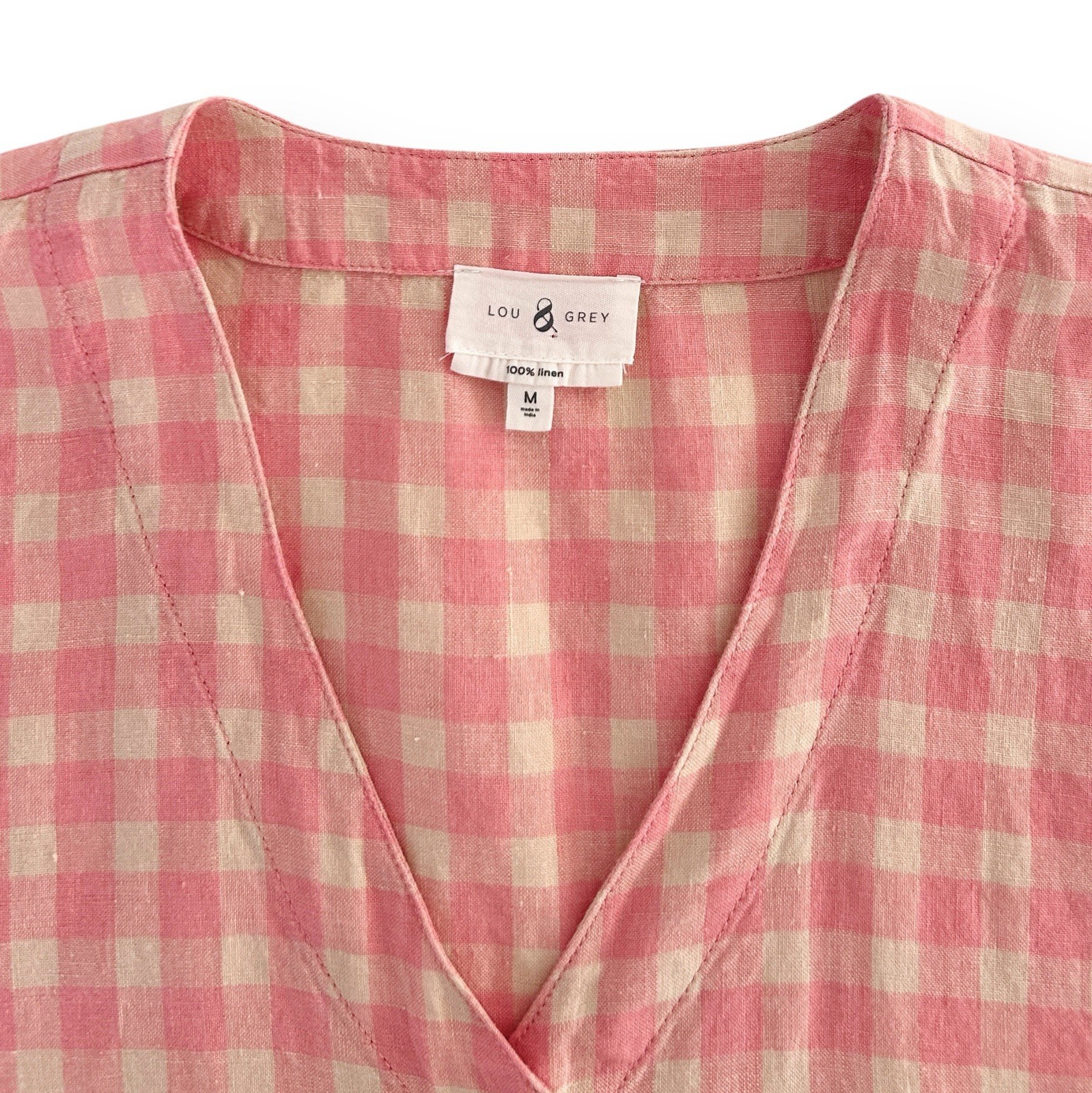 Lou & Grey Medium Pink Ivory Multi 100% Linen Gingham Button Front Dress NWOT