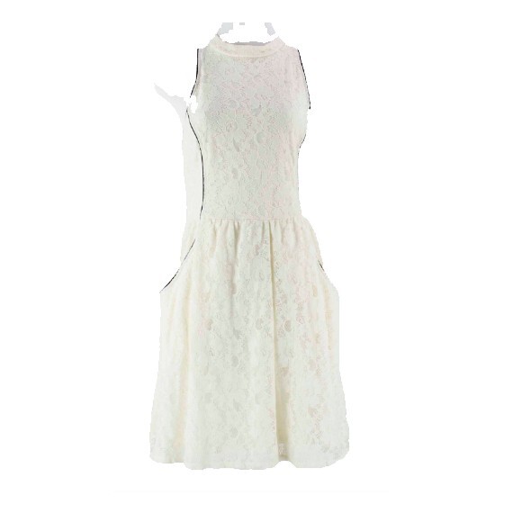 Fire NEW Sz L Cream Cotton Nylon Lace Black Pocketed Keyhole Poly Blend Dress