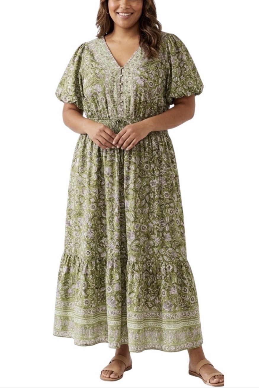 Lea Maxi Dress Green Floral Boho Peasant Cottagecore Puff Sleeve Cotton Sz 1X