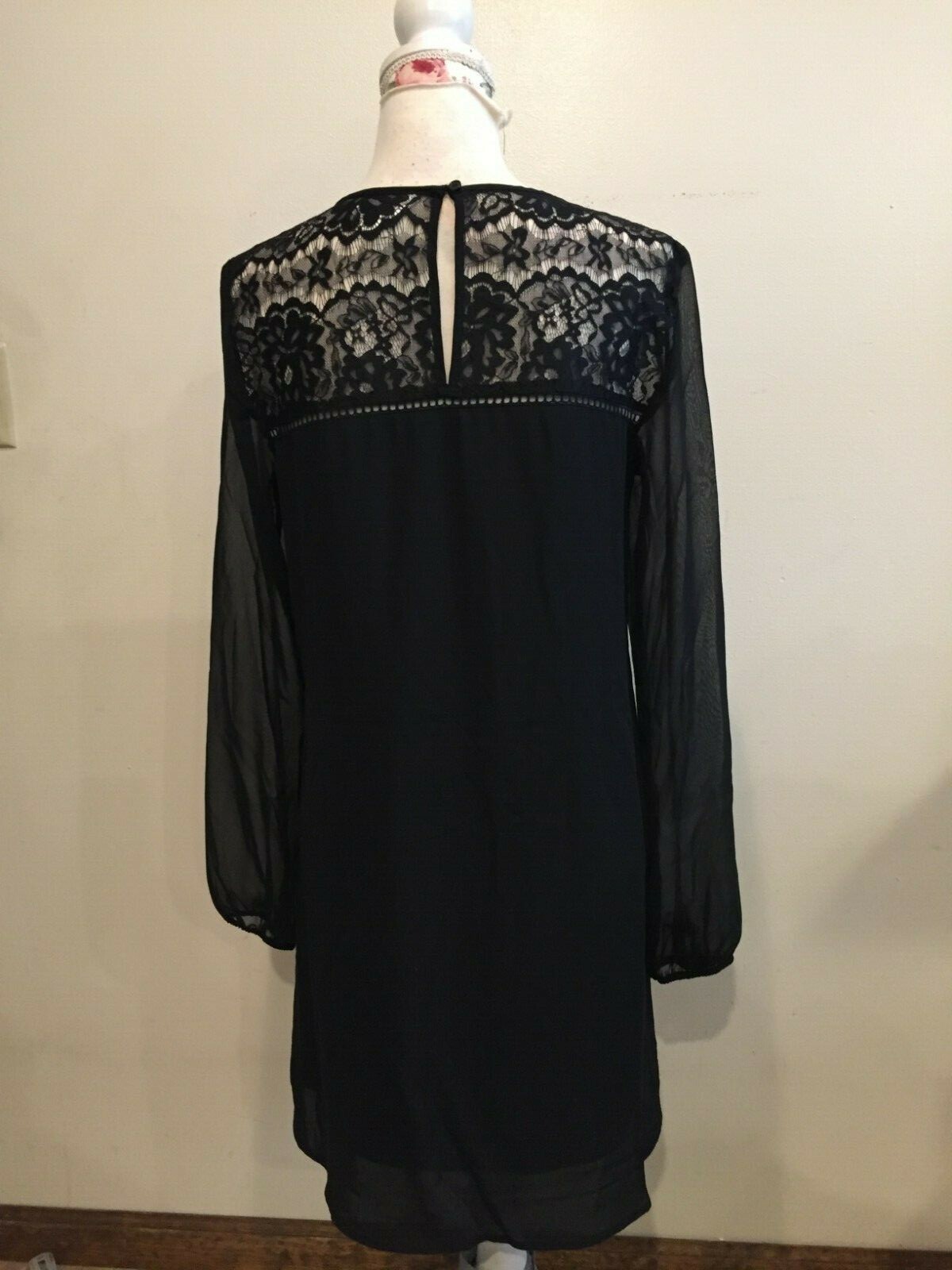 Decree Dress Medium Black lined Black Lace top Sheer sleeves tag $52, NWT