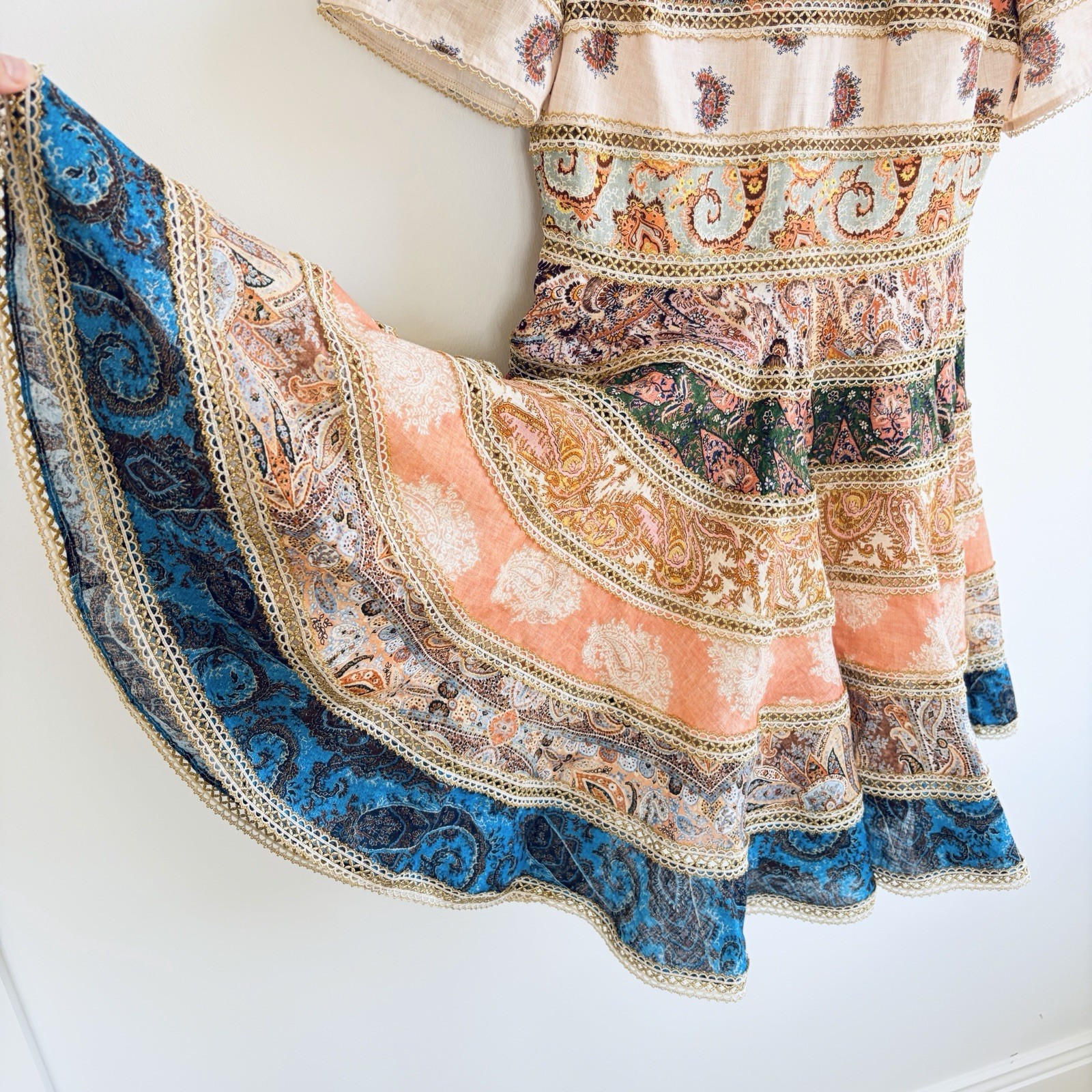 Zimmermann Devi Spliced Mini Dress Size 1/AU 10/US 8 Gold Trim Paisley Rare EUC