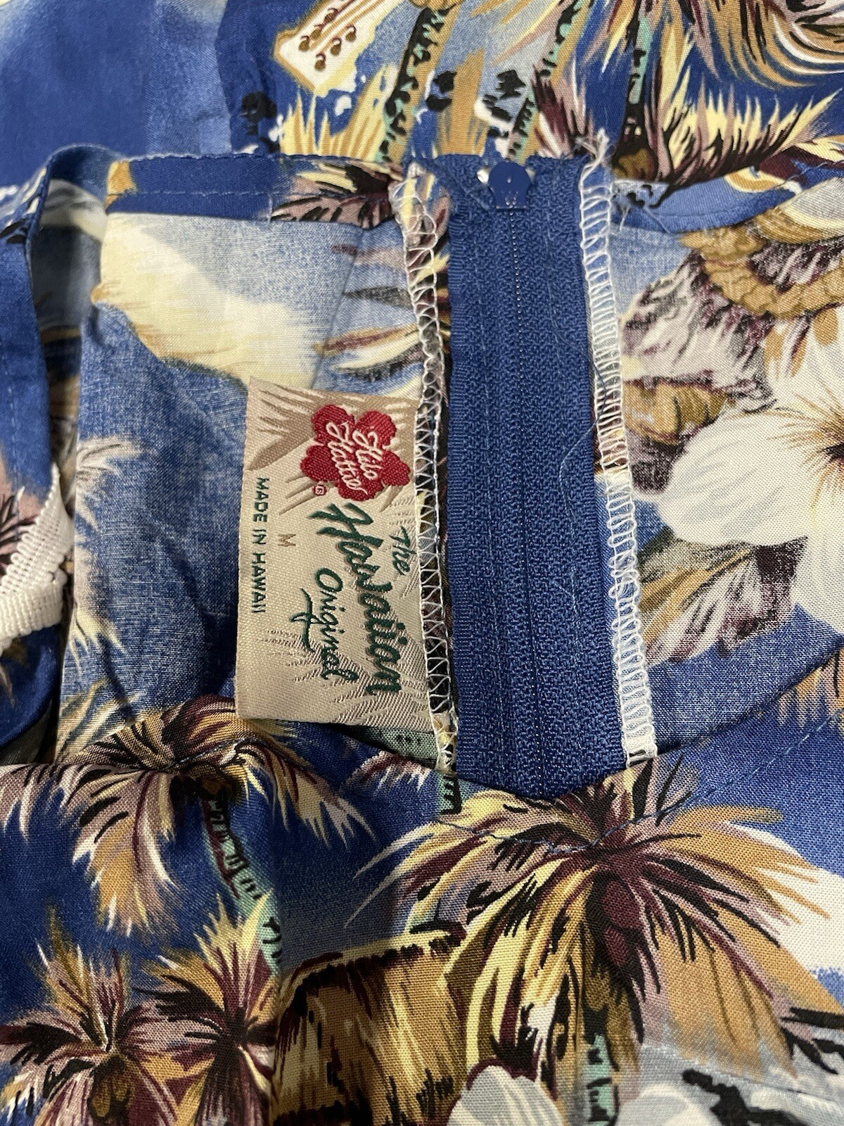 VTG Hilo Hattie Womens Blue Brown Palms Hawaiian Short Sleeve Maxi Dress Beach M
