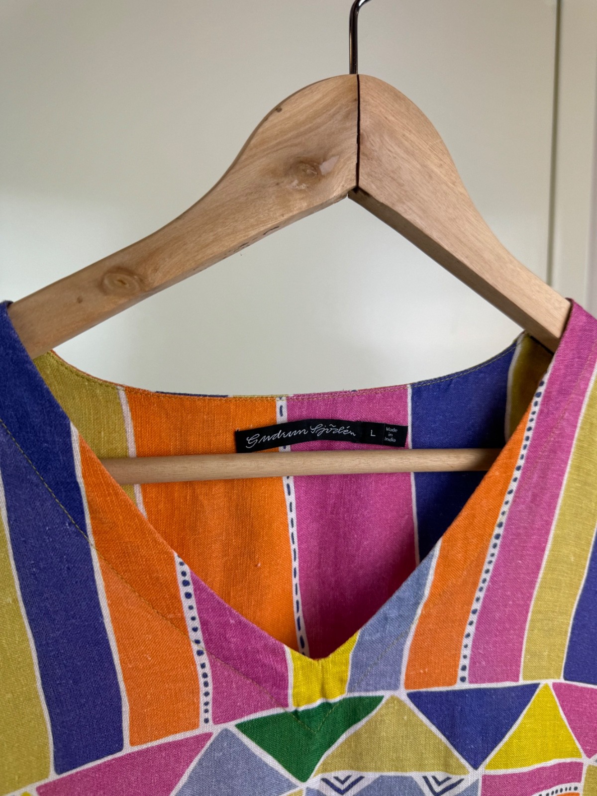 GUDRUN SJODEN Linen Multicolor Cheerful Dress Kaftan Ikat Geometric Sundress L