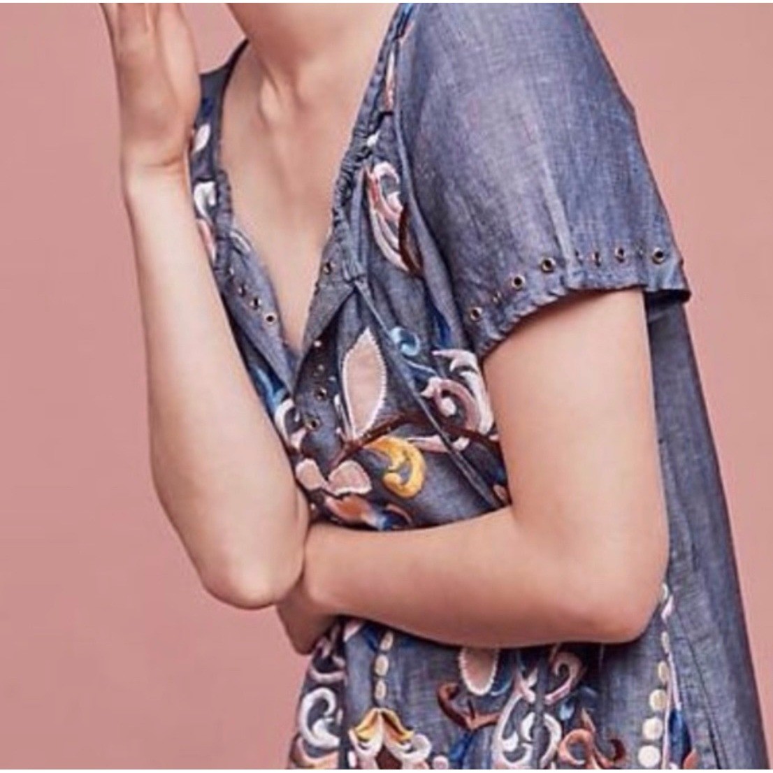 Holding Horses Anthropologie Folklore Tunic Dress Chambray Floral Embroidered
