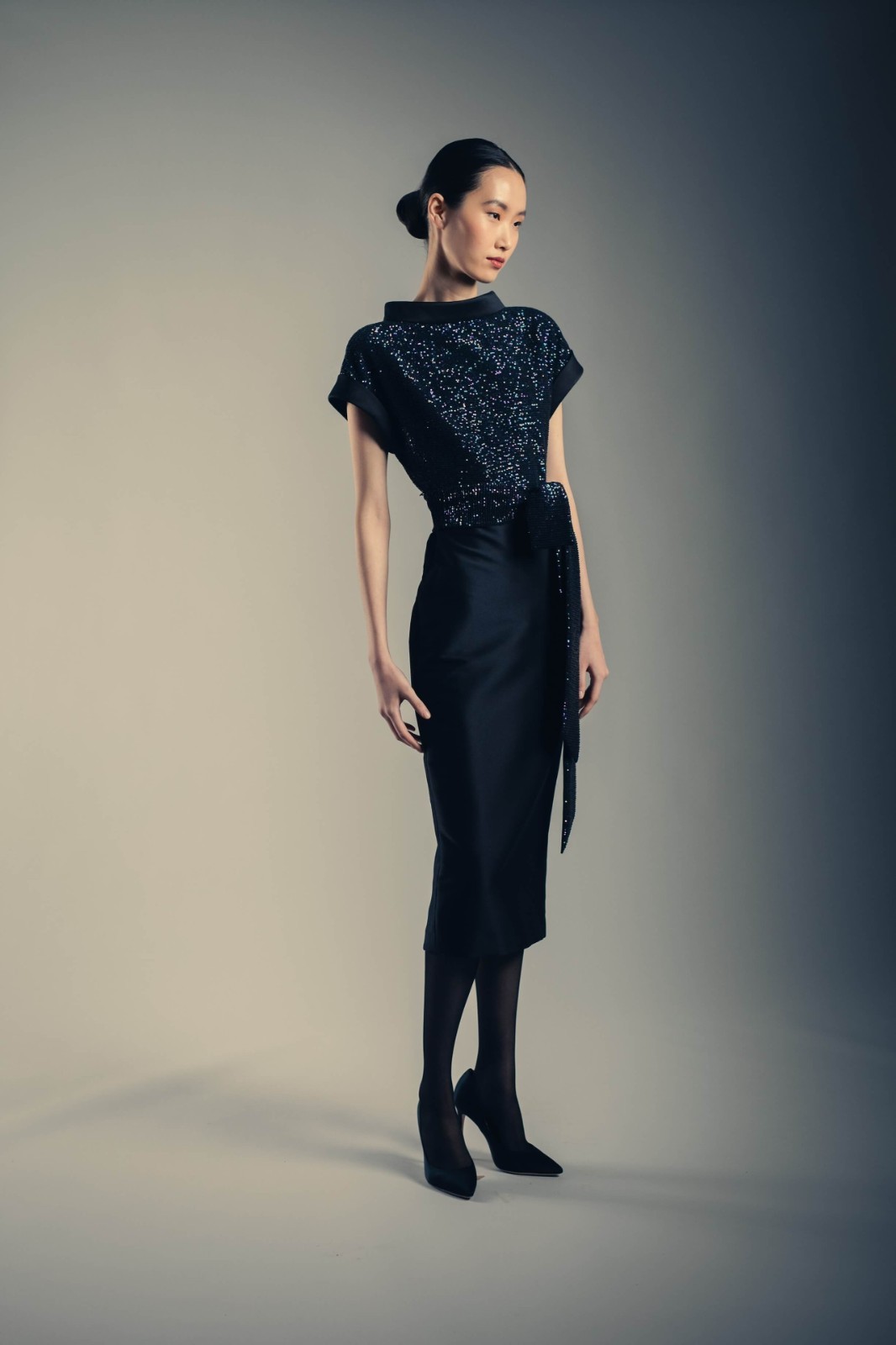 Badgley Mischka Sequin Bow Top Twofer Dress Black sz 8 NWT Modest Day-Dinner LBD