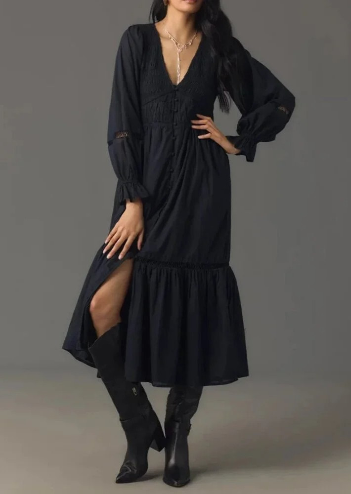 Anthropologie The Peregrine Long Sleeve Midi Dress Black Gothic Romantic Western